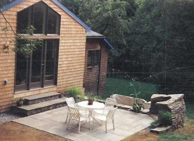 Stone fireplace, stone steps and bluestone patio