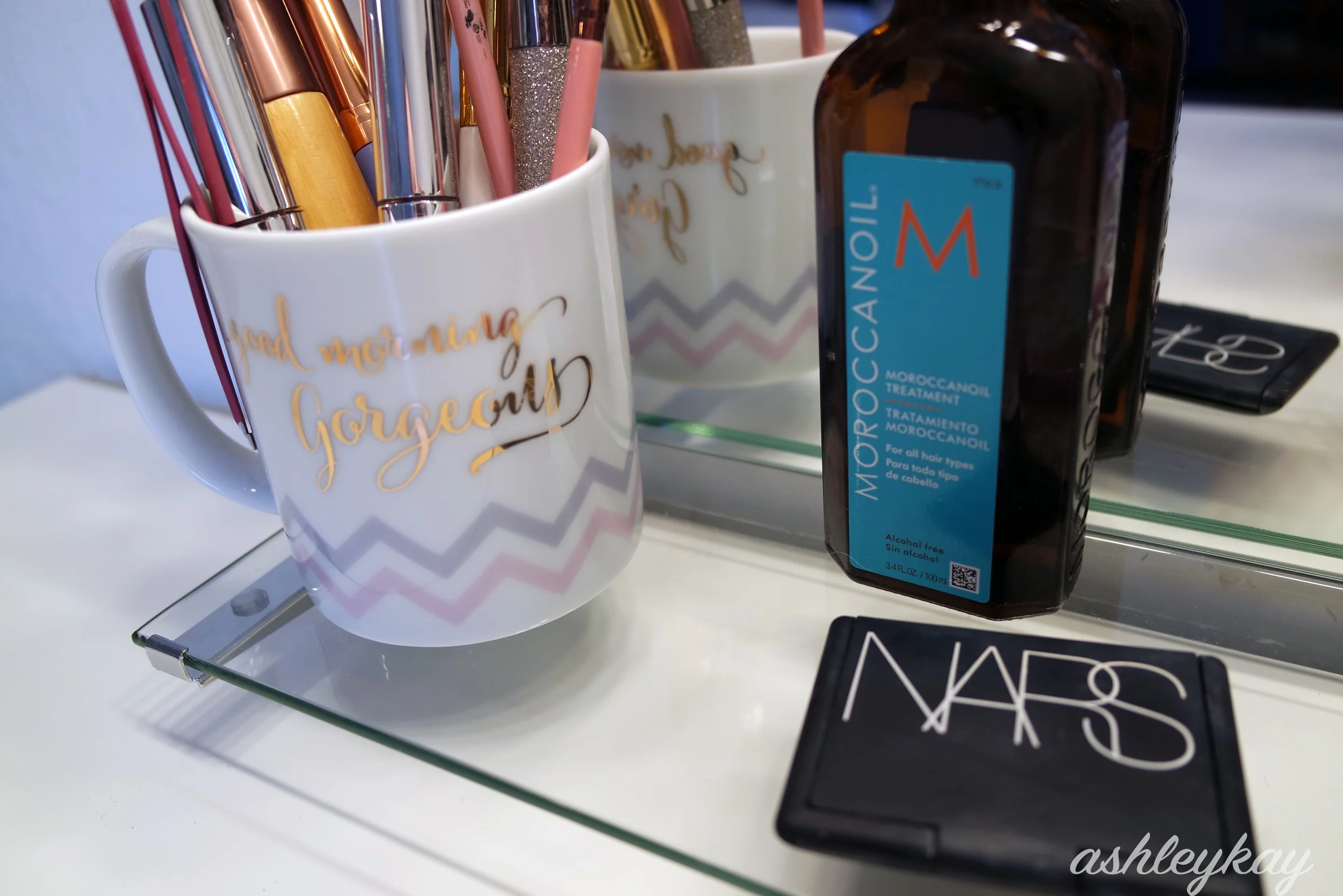 This is what the shelf looks like on the mirror. It's a nice little convenient way to hold more items.