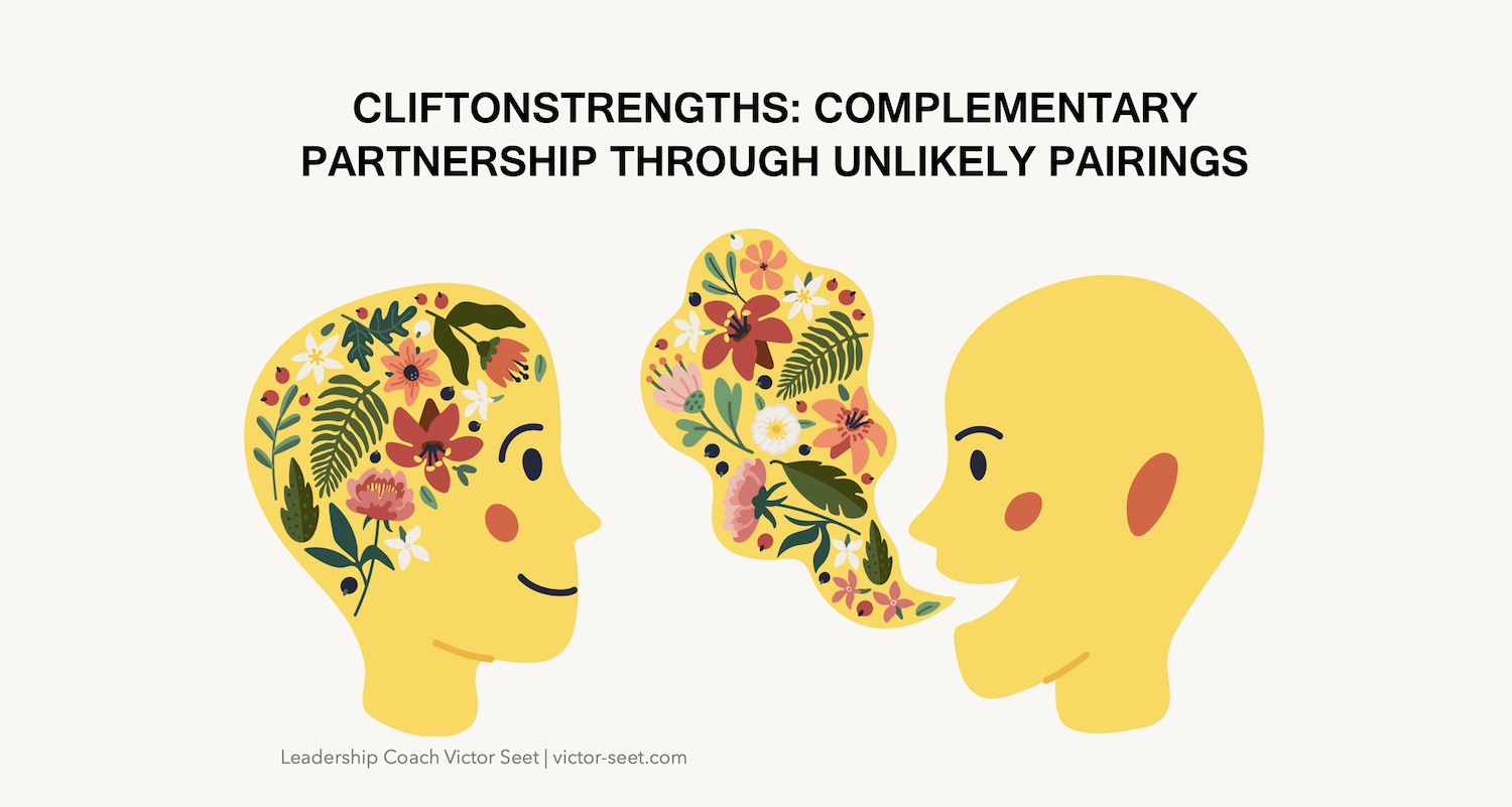 Two illustrated figures facing each other, one with a floral mind and one plain, representing CliftonStrengths complementary partnership through unlikely pairings - by Victor Seet