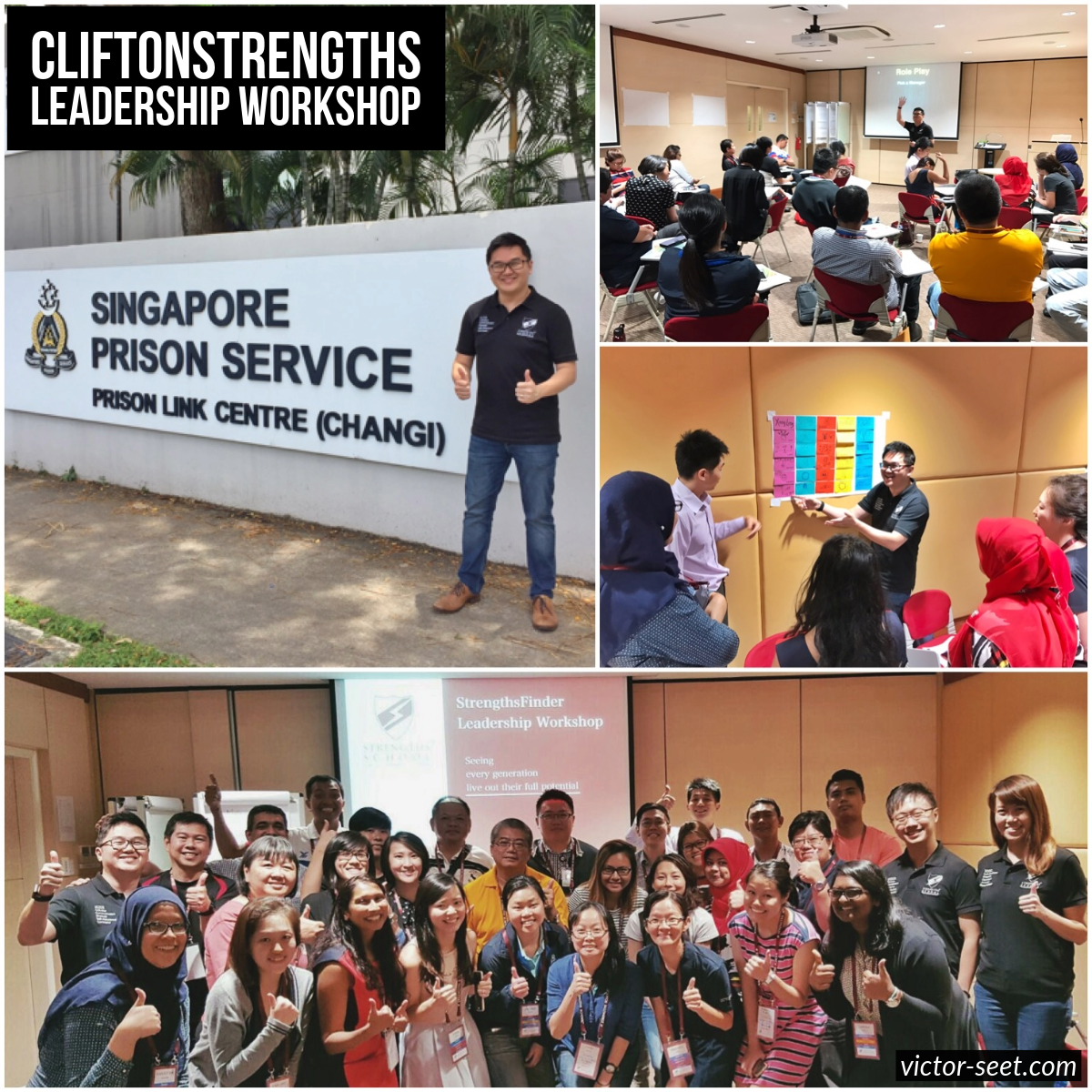 Victor Seet facilitating an energetic CliftonStrengths leadership workshop for Singapore Prison Service staff with fun group activities and discussions