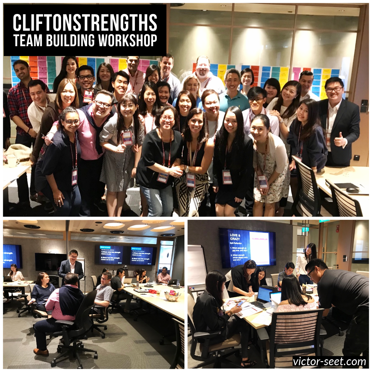 Victor Seet facilitating CliftonStrengths teambuilding workshop for Marriott BMSC Singapore marketing team with group discussions