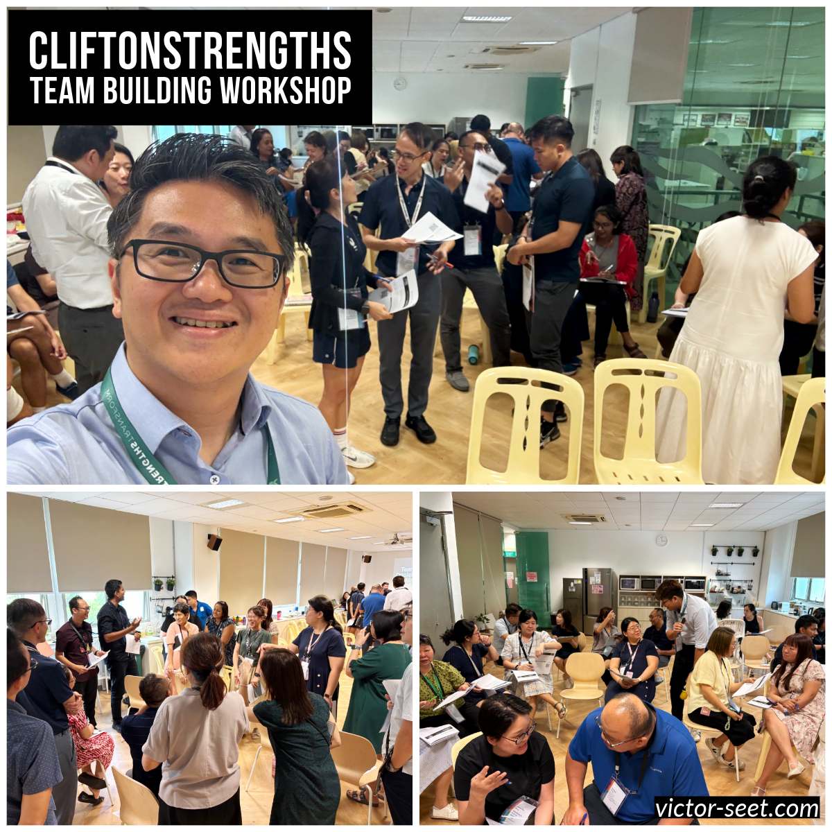 Victor Seet facilitating a CliftonStrengths team building workshop for teachers at Cantonment Primary School Singapore, with staff engaged in group activities