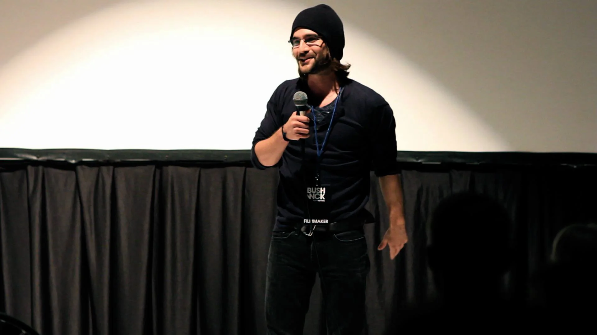 Writer/Director of 'Roxie' speaking on opening night of Bushwick International Film Festival.