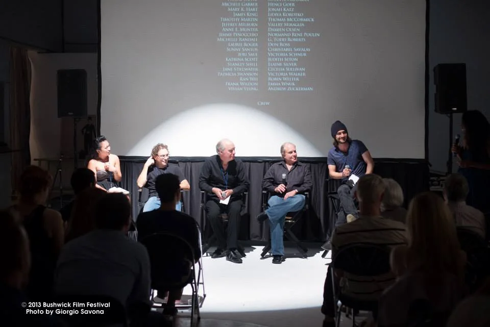 From the left, Editor Tiffany Cruz, Cinematographer Michael Locke, lead actors David Usner and Joel Roth, and Writer/Director Nick Frangione speaking after the premiere of 'Roxie.'