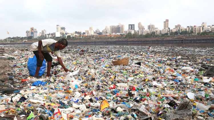 یک کارگر زباله در هند پلاستیک را جمع آوری می کند.