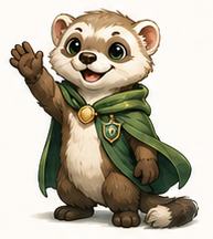 Ferrit, a friendly ferret mascot wearing a green cape and waving.