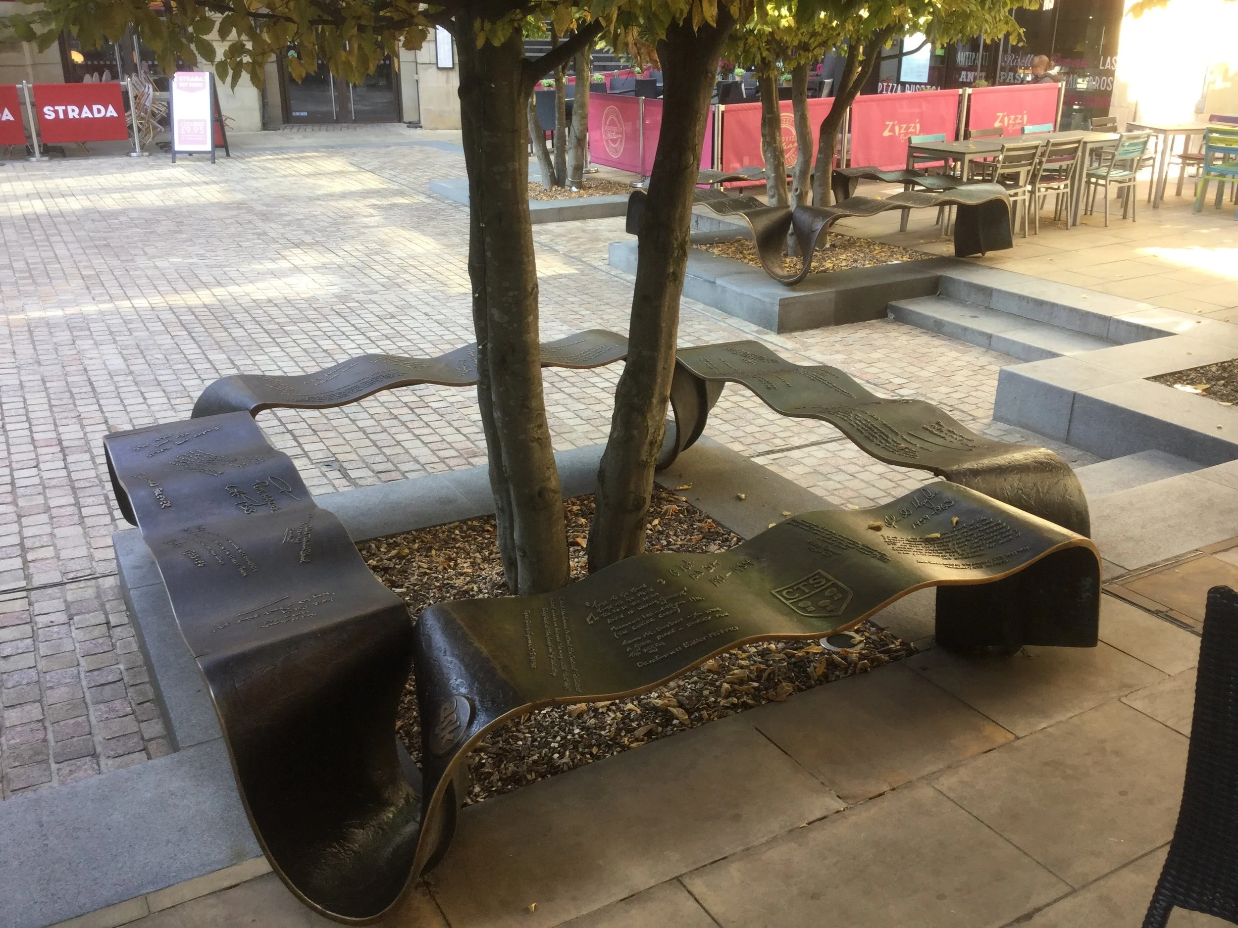 SHEFFIELD - BRONZE BENCH Handwriting etched and cast into the bronze seating units