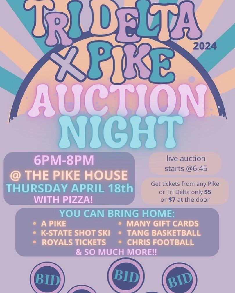 Come stop by today for TRI DELTA x PIKE auction at the Pike house (2021 College View Rd) from 6-8, for your chance to win a Tang signed basketball , a sign football by coach Chris, Royals tickets, and so much more!!! Tickets are 5 dollars from any Pi