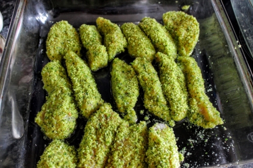 Coat chicken pieces in flour, egg and garlic herb crumbs