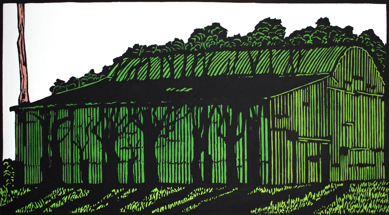 Stilt Barn, Mayo; linocut print