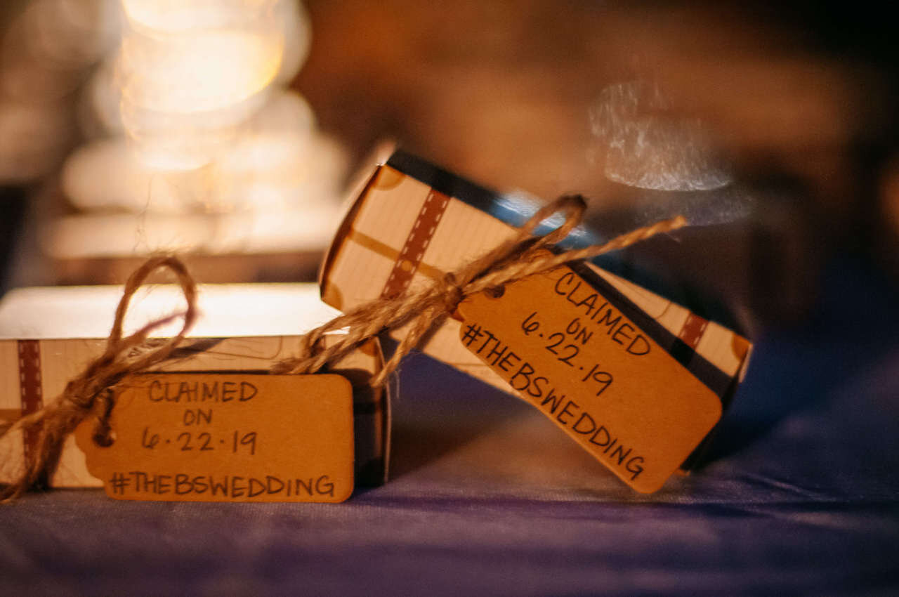 unique wedding favor tags read "Claimed on 6.22.19 #thebswedding".