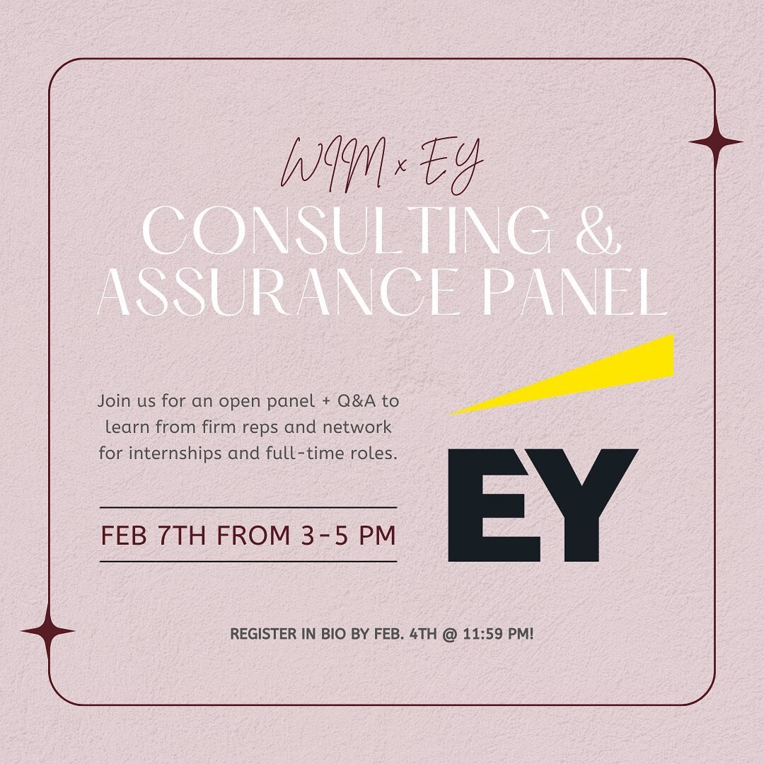 🌟Join us for an exclusive opportunity!🌟 

Registration for our WIM X EY Panel on February 7th, 3-5 pm at Ivey (MP 0102A and B) is now open in our bio😌

Dive into consulting and assurance opportunities with firm reps, enjoy complementary, refreshme
