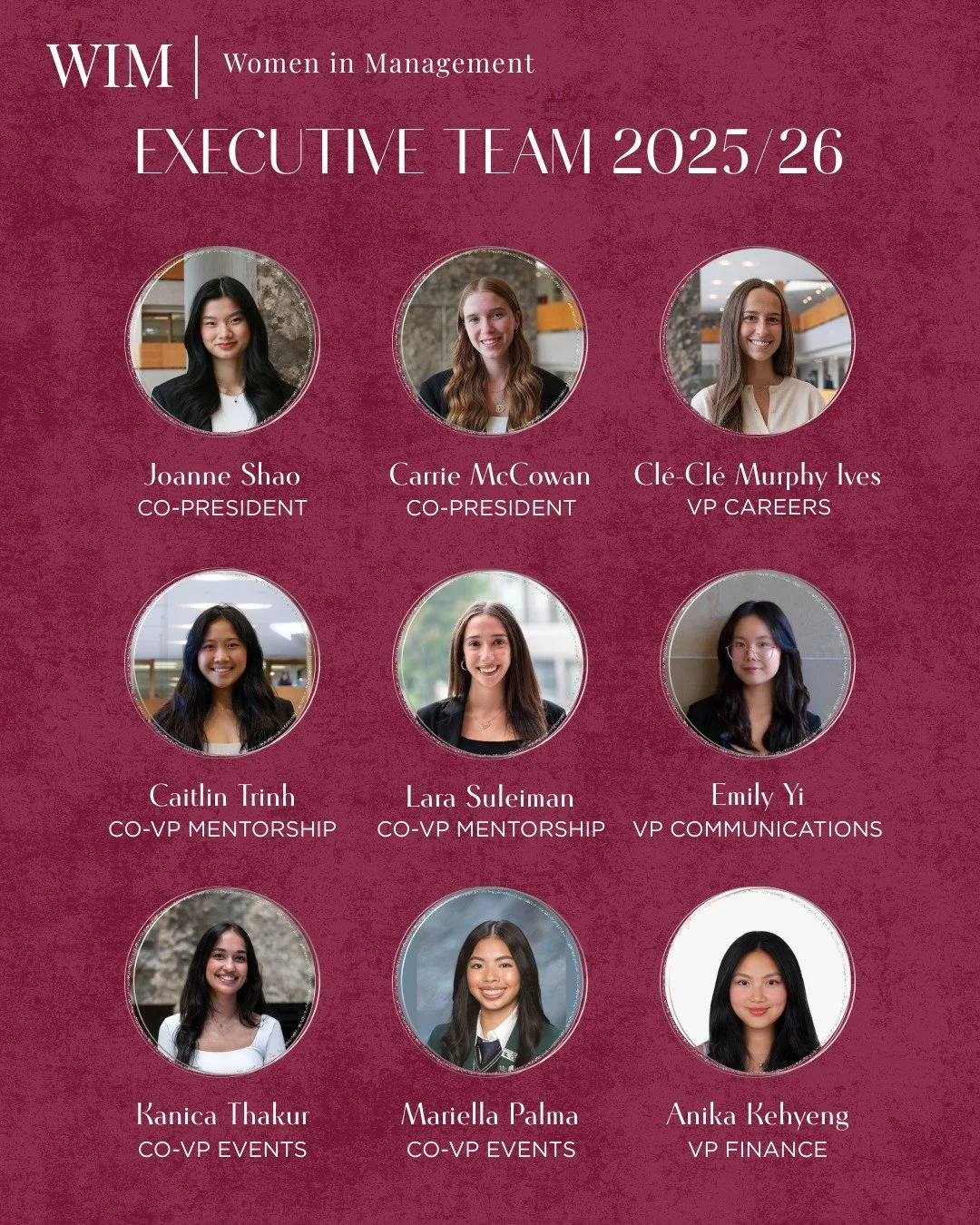 Introducing our 2025/26 WIM Executive Team (and a little bit of a revamp)!!

Stay tuned for exciting news and opportunities to get involved for the upcoming year! 

Have any questions? Feel free to reach out to any executive members.