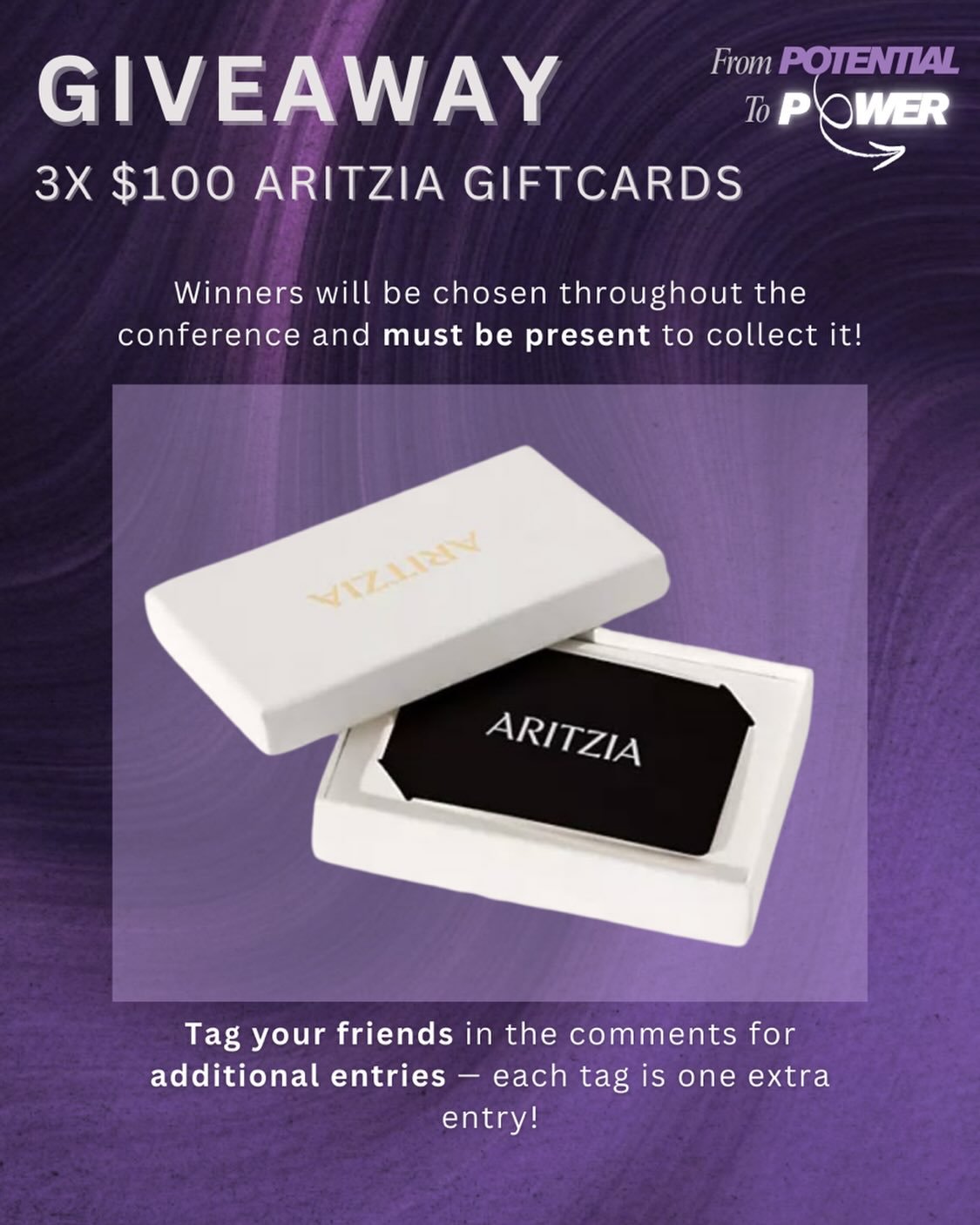 Another perk of attending the conference? The chance to win a $100 Aritzia Gift Card🤩

We will be giving away THREE $100 Aritzia Gift Cards to our amazing attendees! 

Want more entries? Tag your friends in the comments - each tag is one additional 