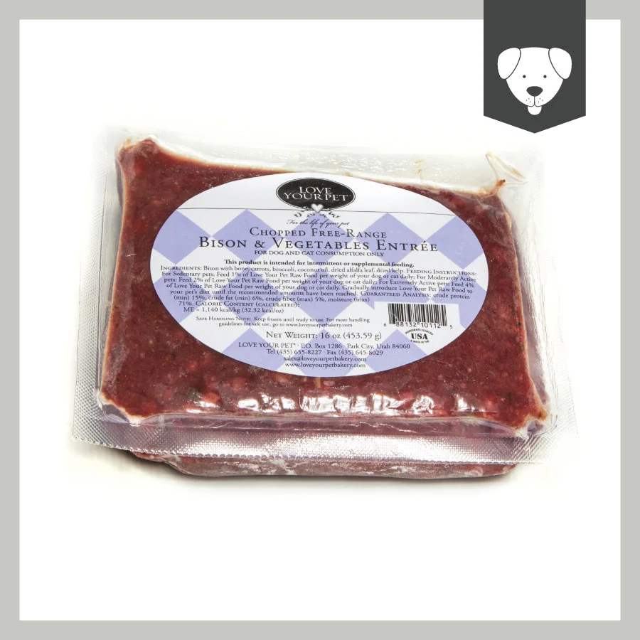 Raw frozen bison and vegetable dog food packaged