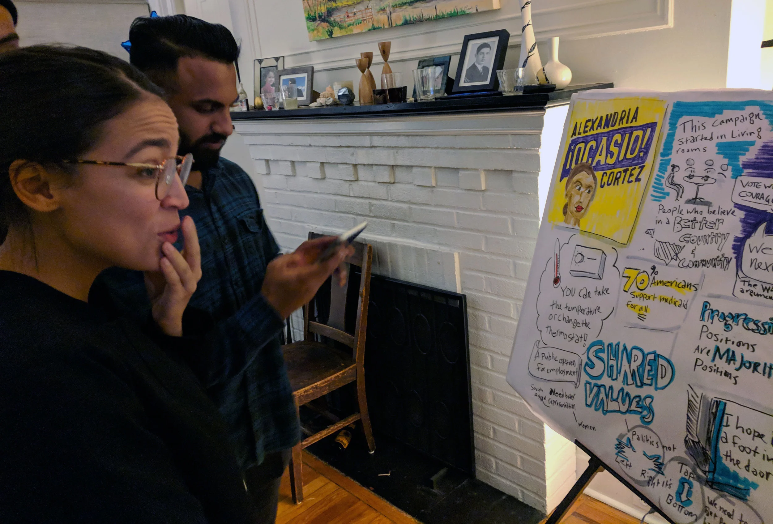 Representative Ocasio-Cortez soaking up the visual listening piece I created during her talk at a political event in Queens. Recently I have been doing a lot of work to support political candidates I wanted to see elected. Art materials: markers and paper.