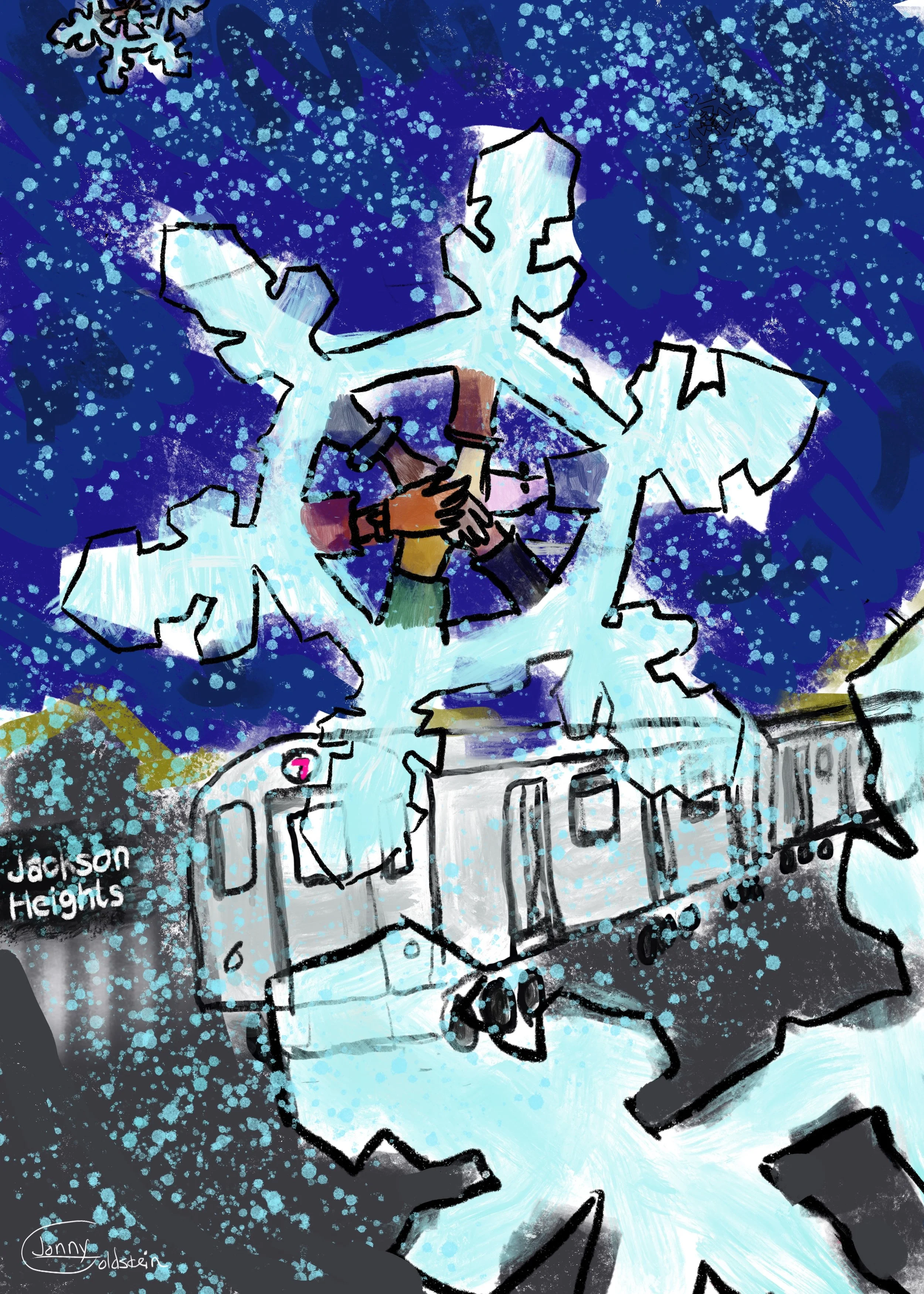 This painting was commissioned by a local group in Jackson Heights, Queens, and tries to convey the many communities coming together as one in this immigrant diverse neighborhood.. Meiium and tools: digital painting and illustration using a painting app on an iPad.