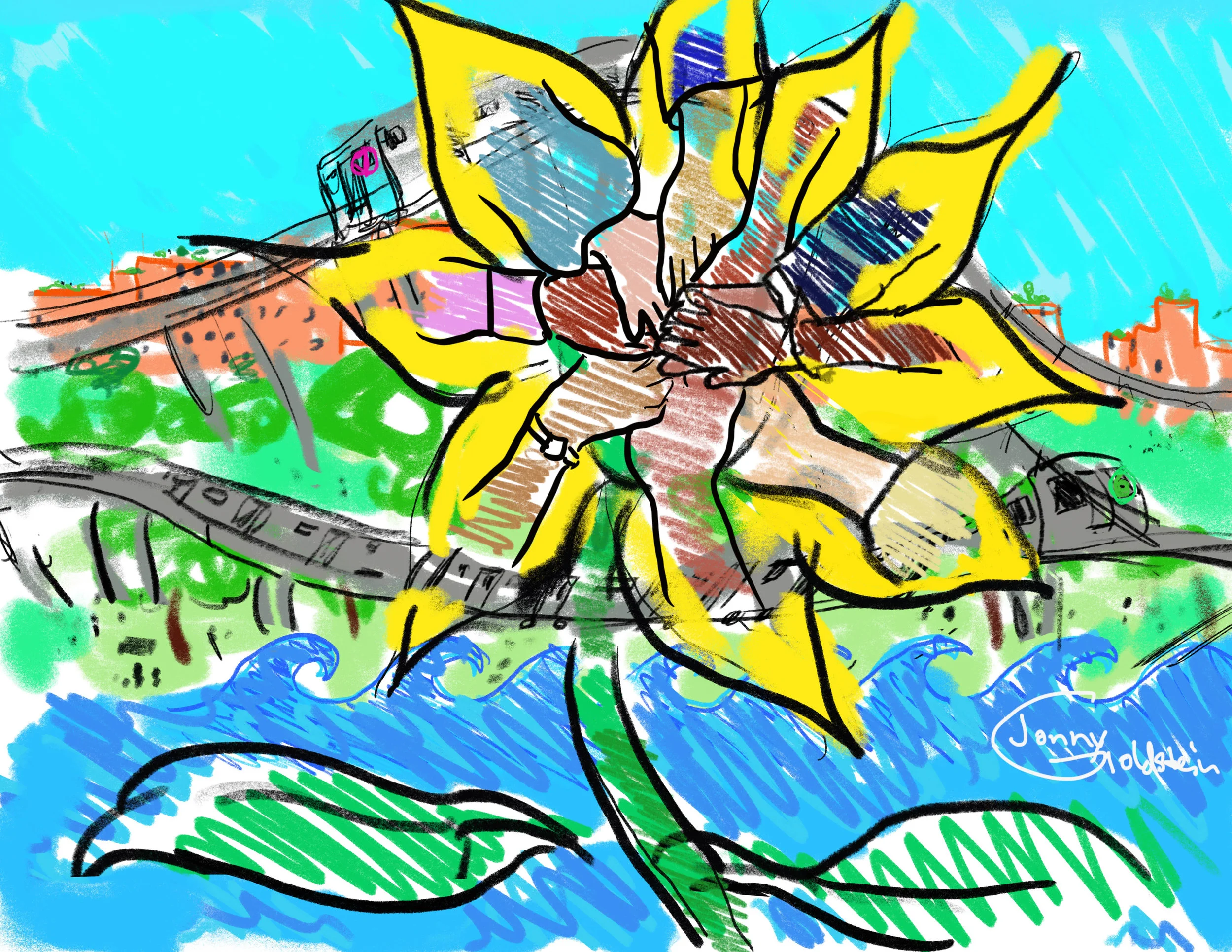 Sketch For a mural proposal for Representative Ocasio-Cortez’ Queens office. Medium and tools: digital painting and illustration using a painting app on an iPad.