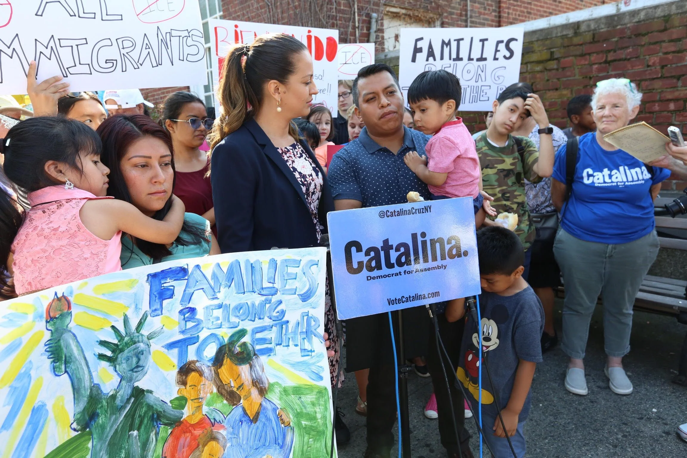 I am showing this work in context. In the lower left there is a painting of a family with the statue of liberty. I made this for a press conference where NY State Assembly candidate Catalina Cruz highlighted the trauma of separating undocumented family members from each other. In this case Alfredo F. (in the blue shirt holding his child) was detained by INS while travelling to work. Alfredo’s wife is holding the painting. Alfredo is still working through the legal process to try to stay in the USA. Materials: acrylic on cardboard.