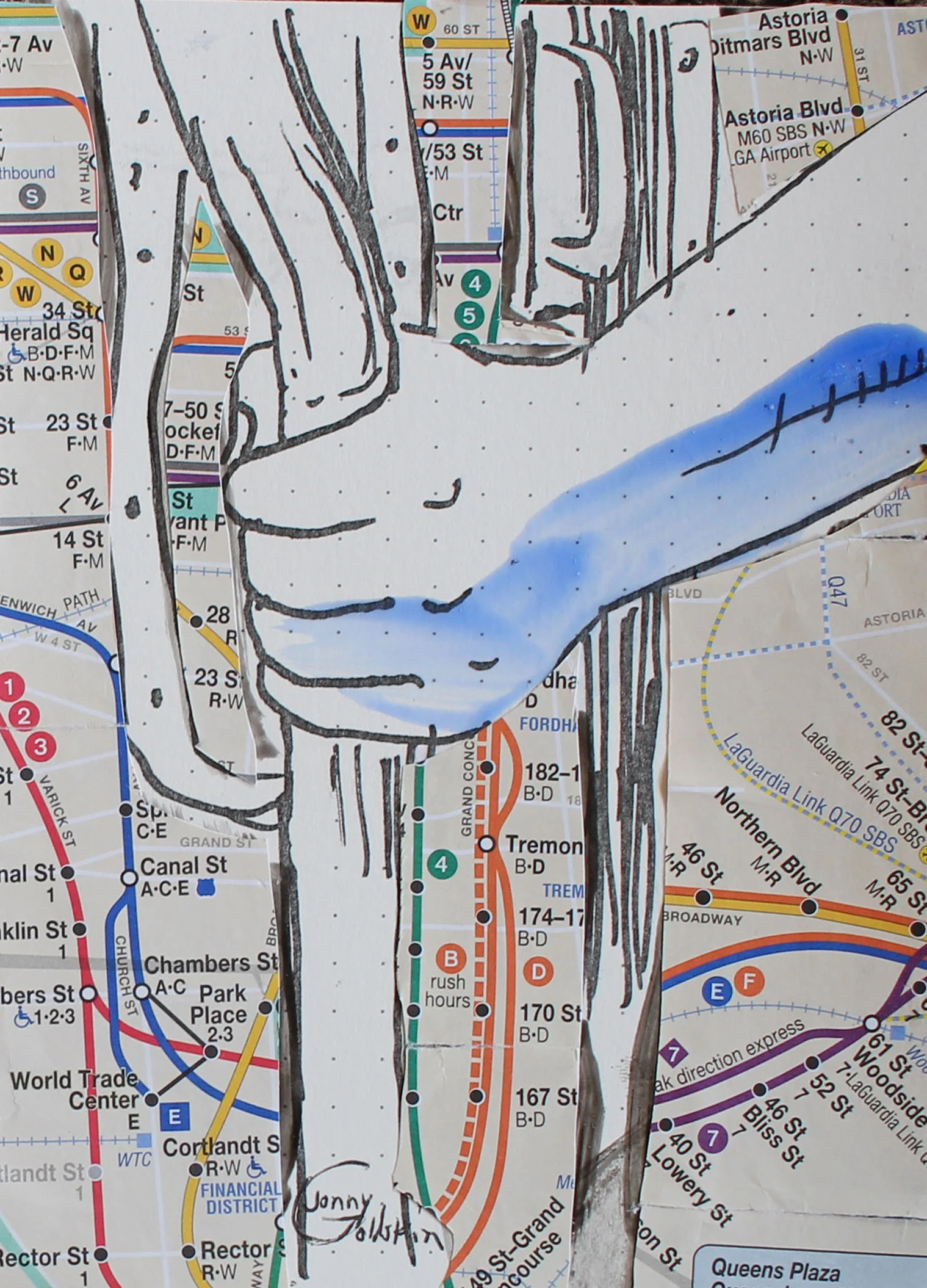 This is another Subway Series piece. Materials: xerograph of original ink drawing, colored with acrylic paint, collaged onto a subway map.