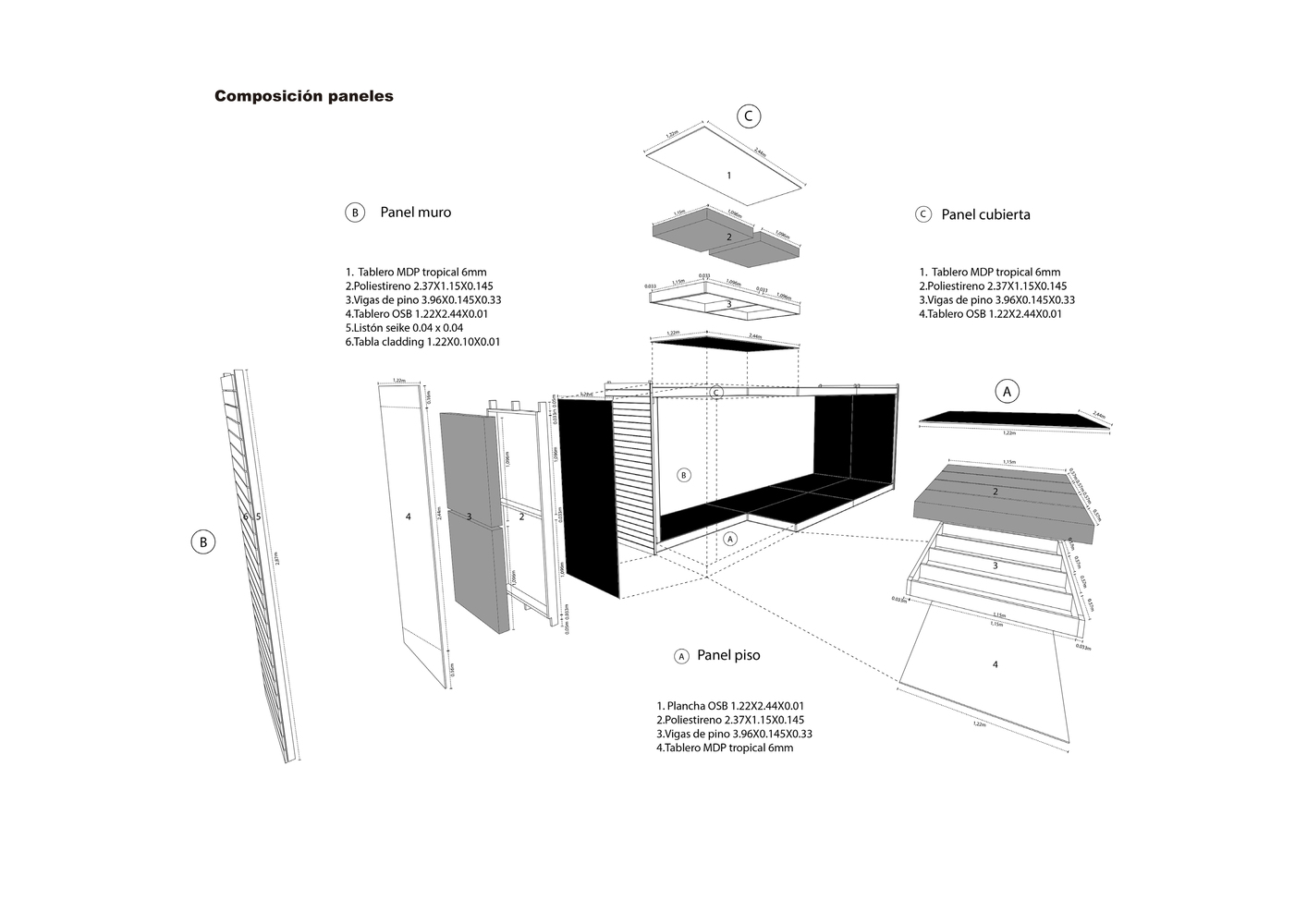 El 90% del material utilizado es madera de pino. Madera sólida para la estructura de piso, paredes cerchas y entrepiso. Tableros de OSB como recubrimiento interno y externo de los paneles. Duelas recicladas quemadas y cepilladas para proteger toda la estructura de la lluvia.