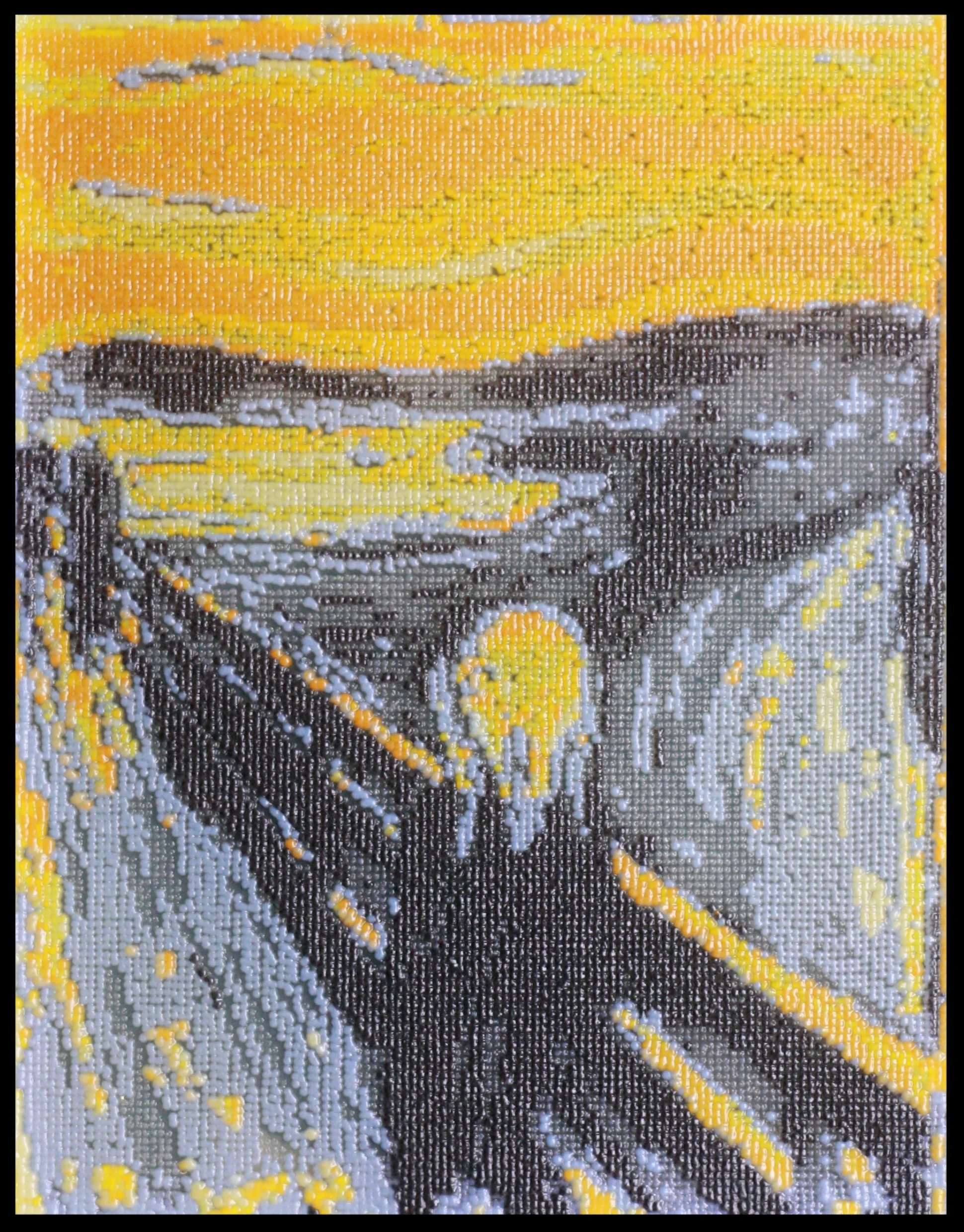 The Scream (1893) by Edvard Munch printed in yeast! 24,576 biopixels. Printed by Jasmine Temple.