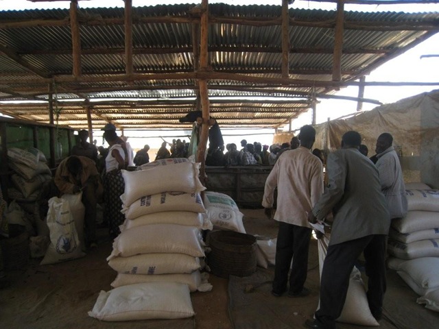 Bags of corn and beans at the Kiziba Refugee Camp