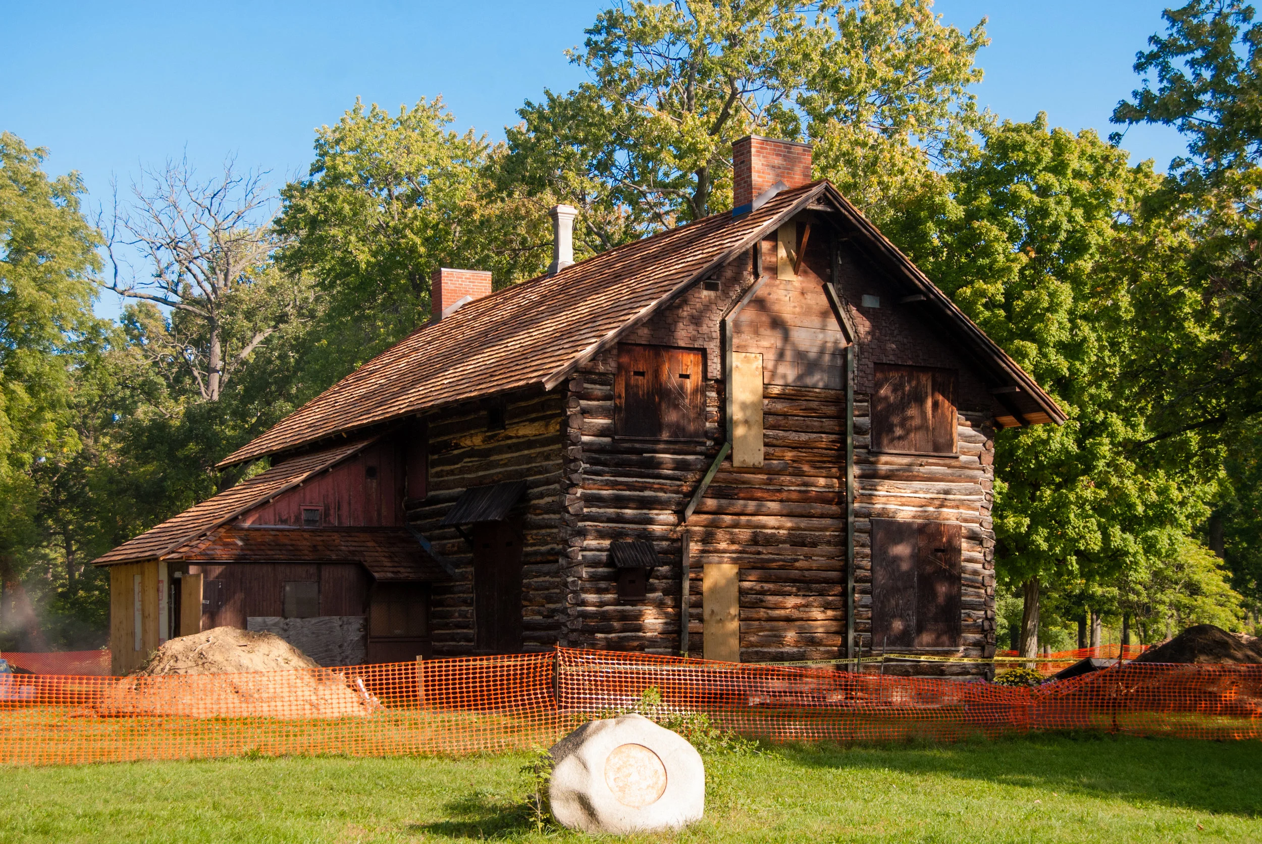 The Palmer Park Log Cabin during Phase One of the restoration work, October 2016.