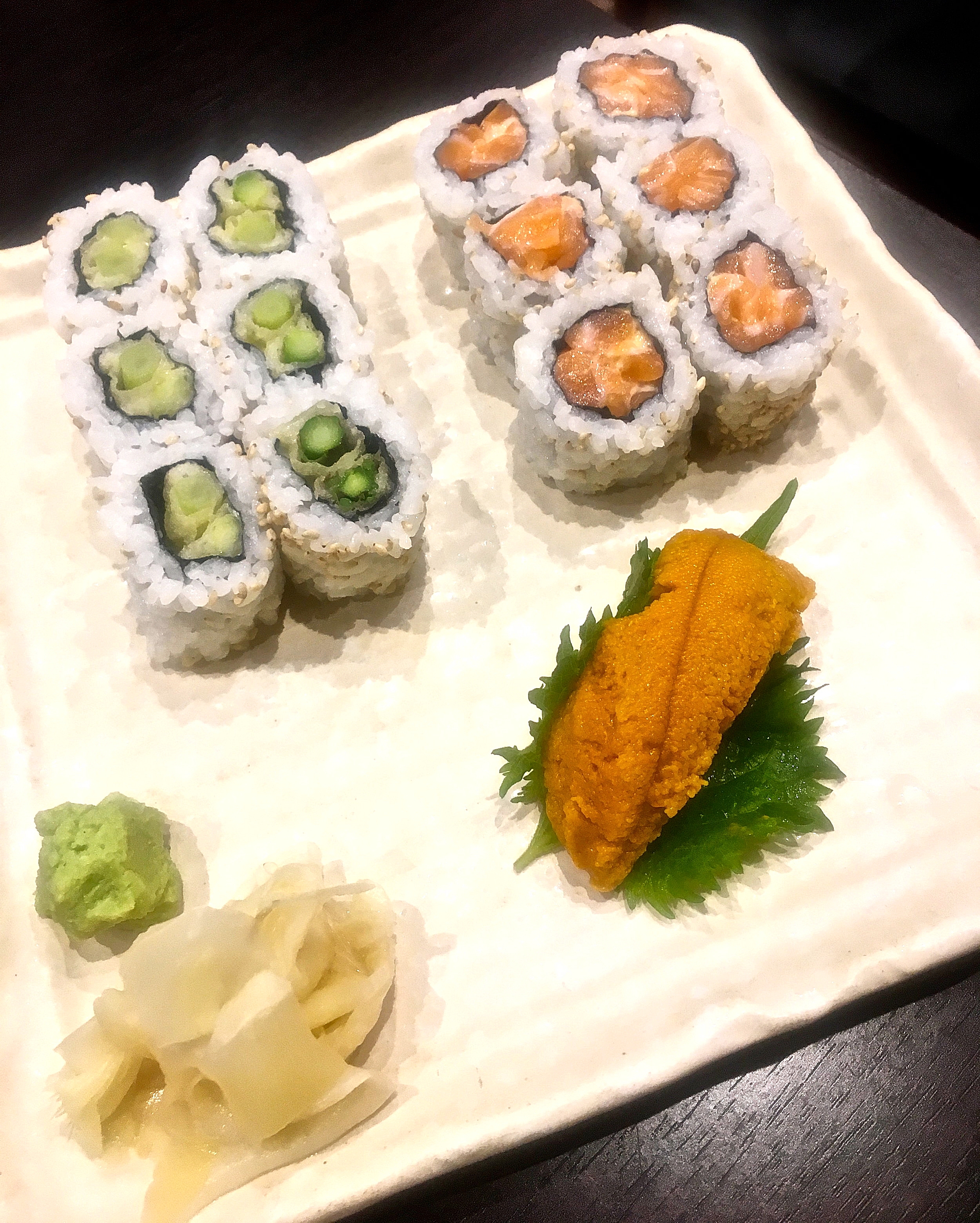 Sea Urchin Roll, Salmon Rolls and Asparagus Rolls