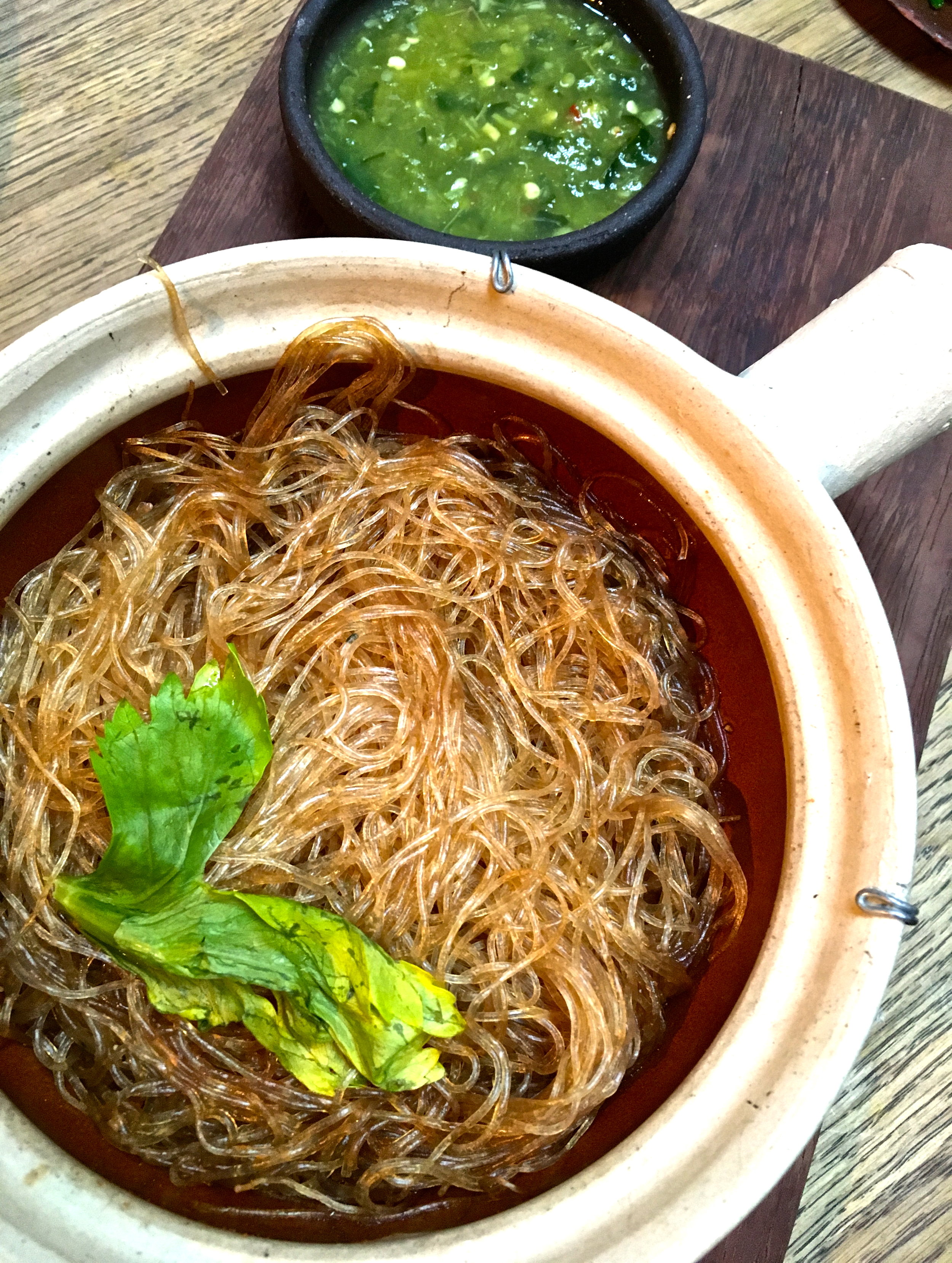 Claypot Baked Glass Noodles with Tamworth Pork Belly and Brown Crab Meat