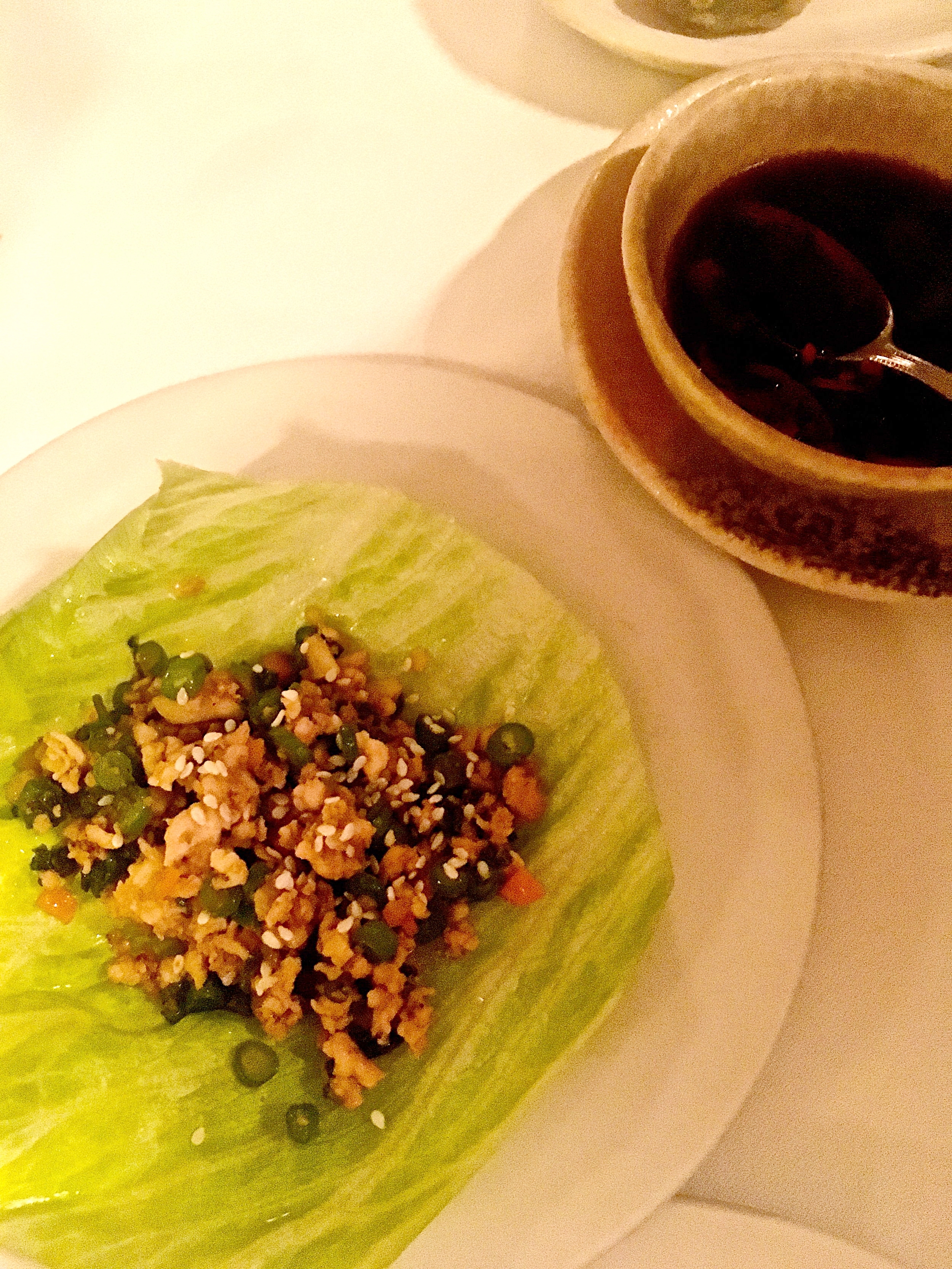 Minced chicken wrapped in lettuce leaf with hoisin sauce