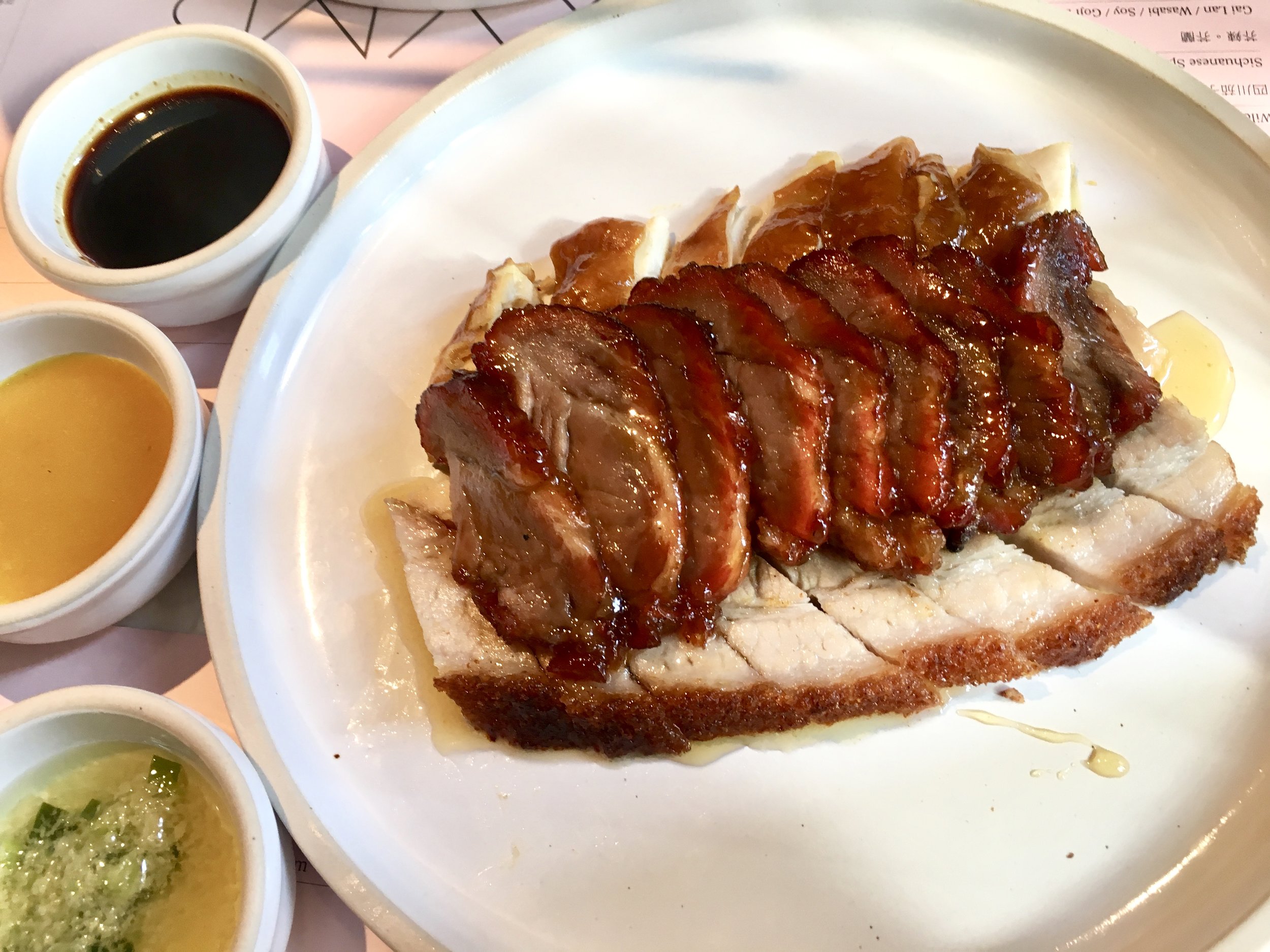 Three Treasures (BBQ Pork (Char Siu), Soy Chicken and Crispy Pork at Kym's 