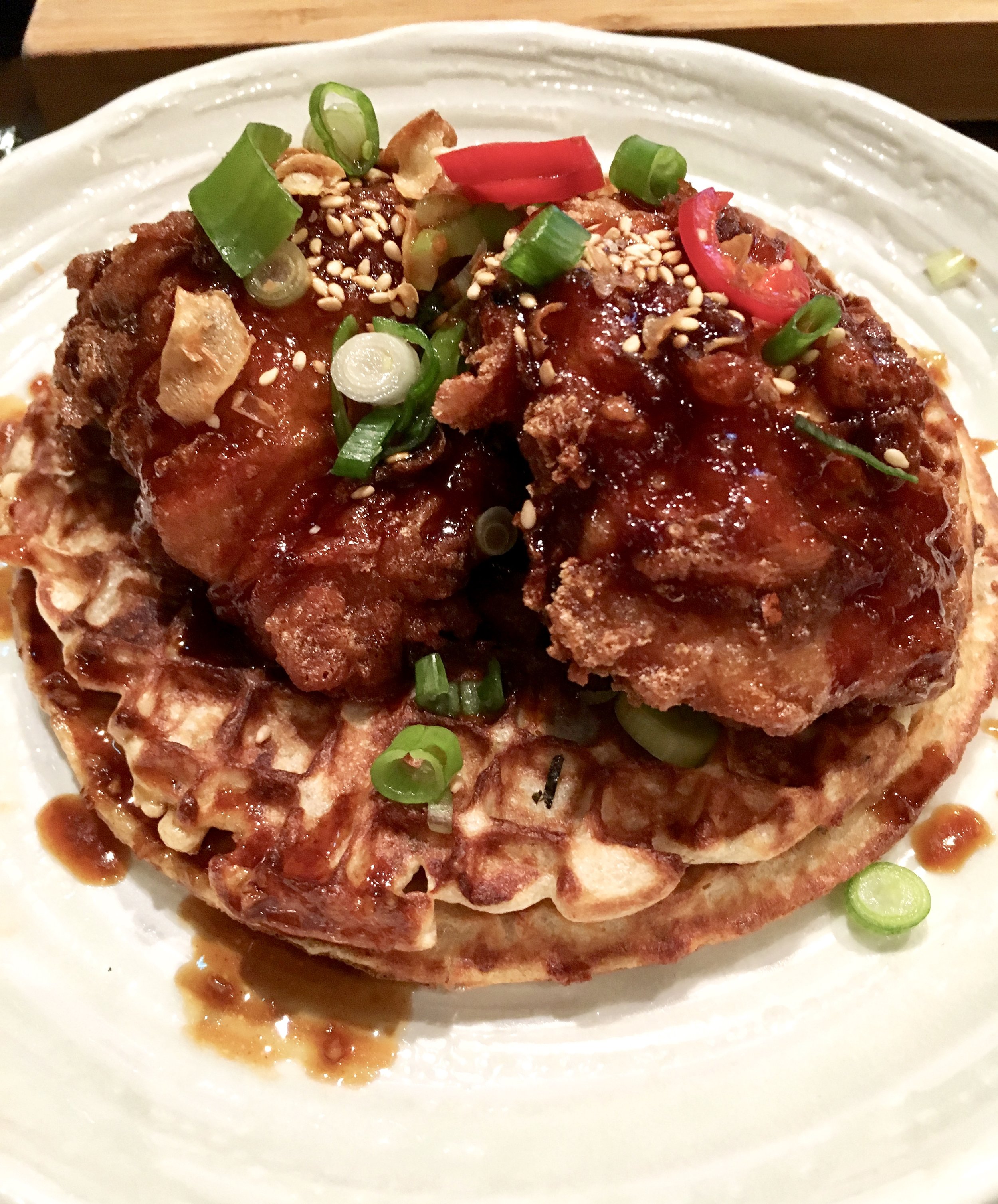 Signature Korean fried chicken on spring onion pancake at Jinjuu Soho