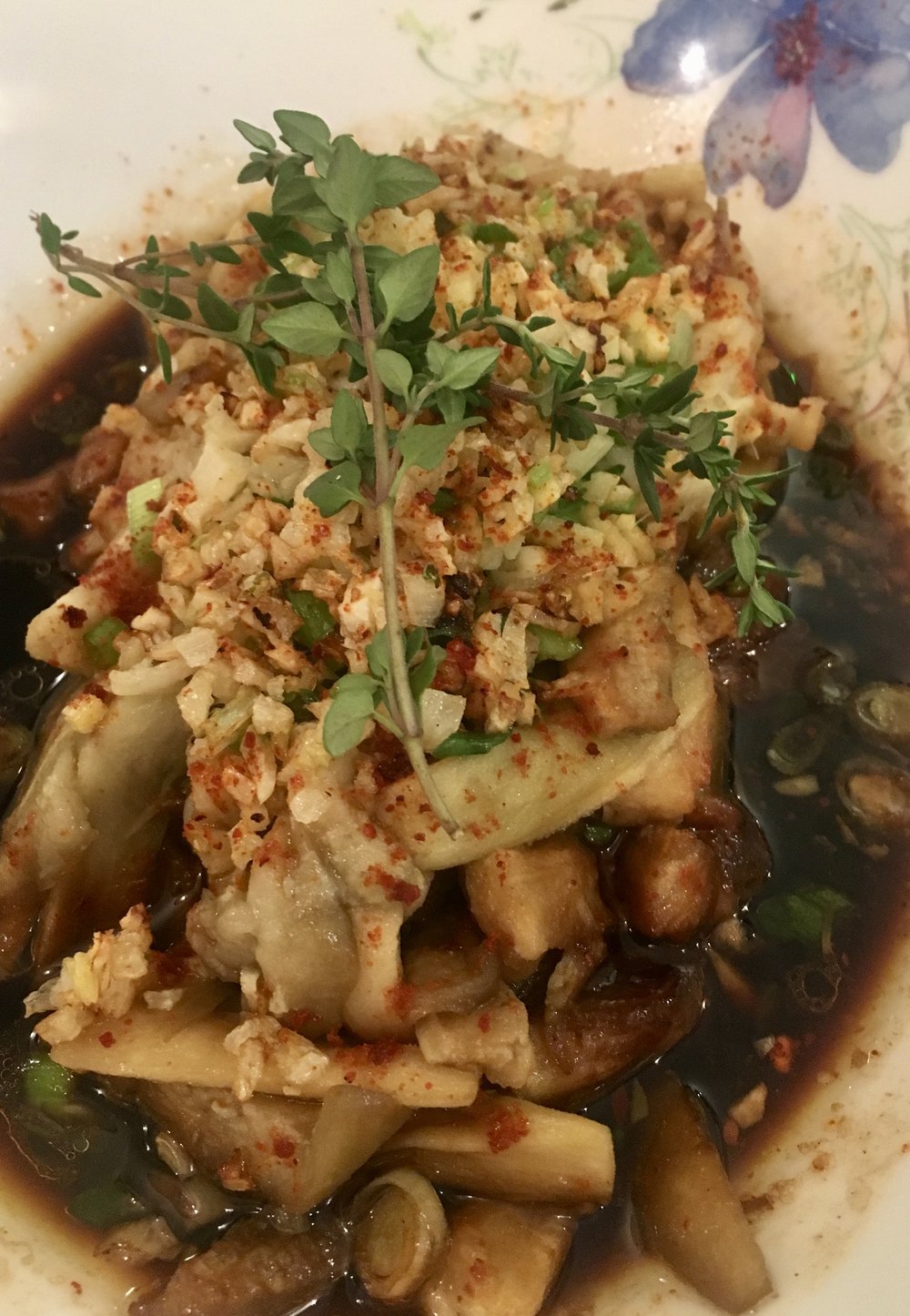 Cold steamed aubergine with a garlicky dressing