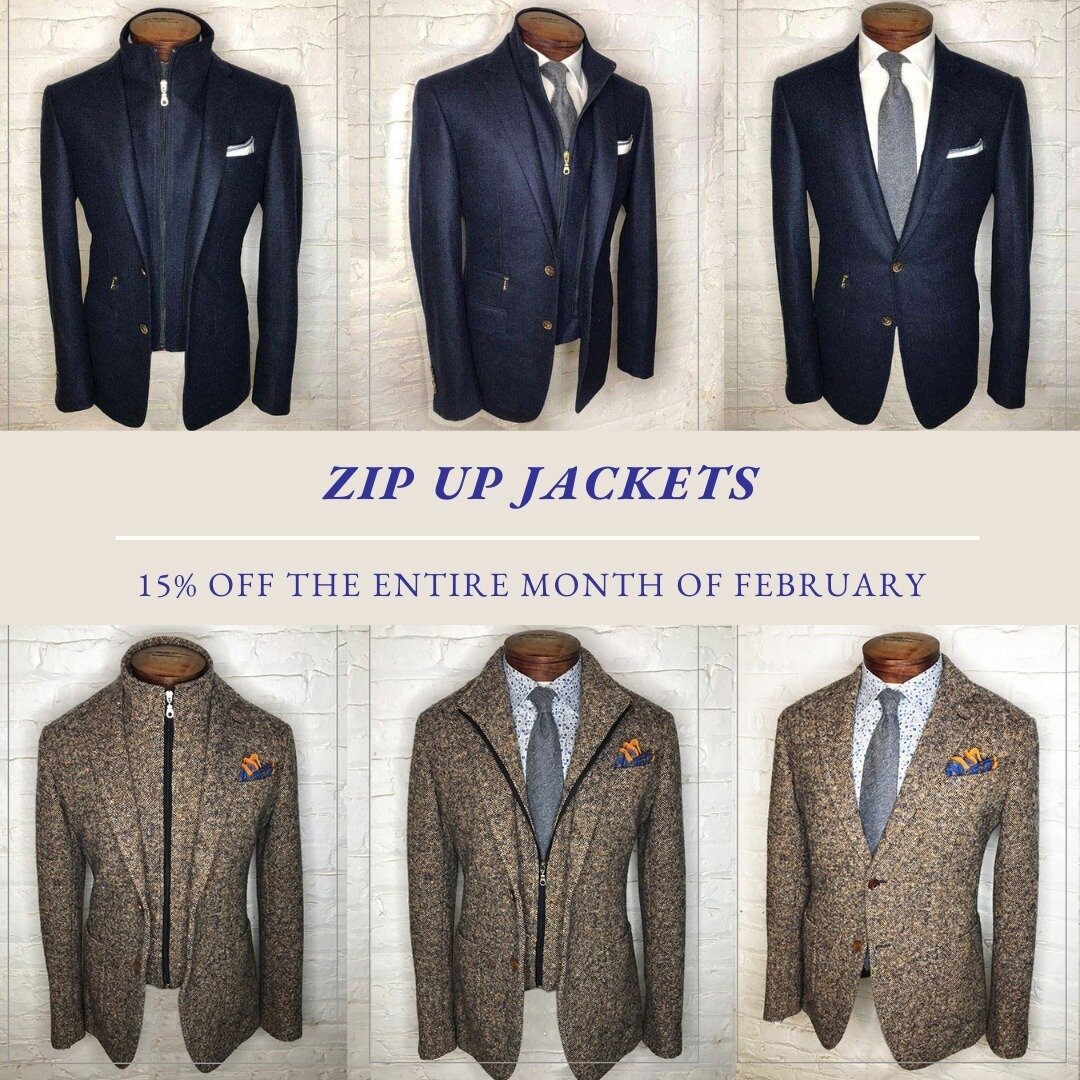We are offering our best selling zip-up jacket for 15% off the rest of February! 🔥 🙌 
. . .
Our discounted price is starting at $1095, don't pass up on this rare sale. 
#bespoke #menswear #groom #mensfashion