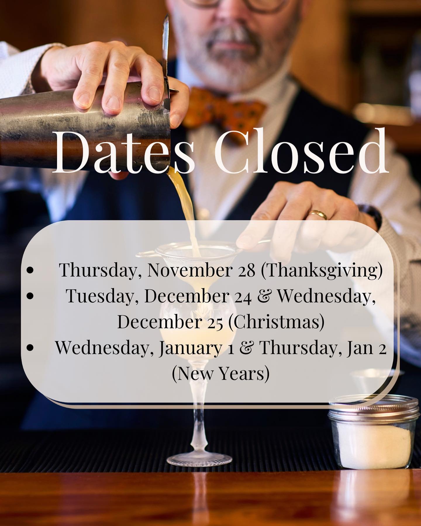 Wondering which days we&rsquo;re closed for the holidays? Look no further&mdash;we&rsquo;ve got you covered!

#durhamnc #finedining #finedrinking #alleytwentysix #holidayseason