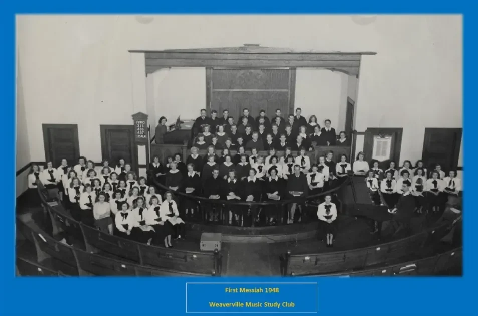 Historical 1948 black-and-white group photo of the Weaverville Music Study Club performing its first Messiah.