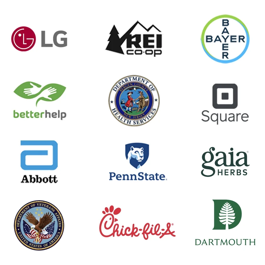 Logos of organizations using Pockitudes: LG, REI, Bayer, BetterHelp, Bergen County Health Services, Square, Abbott, Penn State, Gaia Herbs, U.S. Department of Veterans Affairs, Chick-fil-A, and Dartmouth.