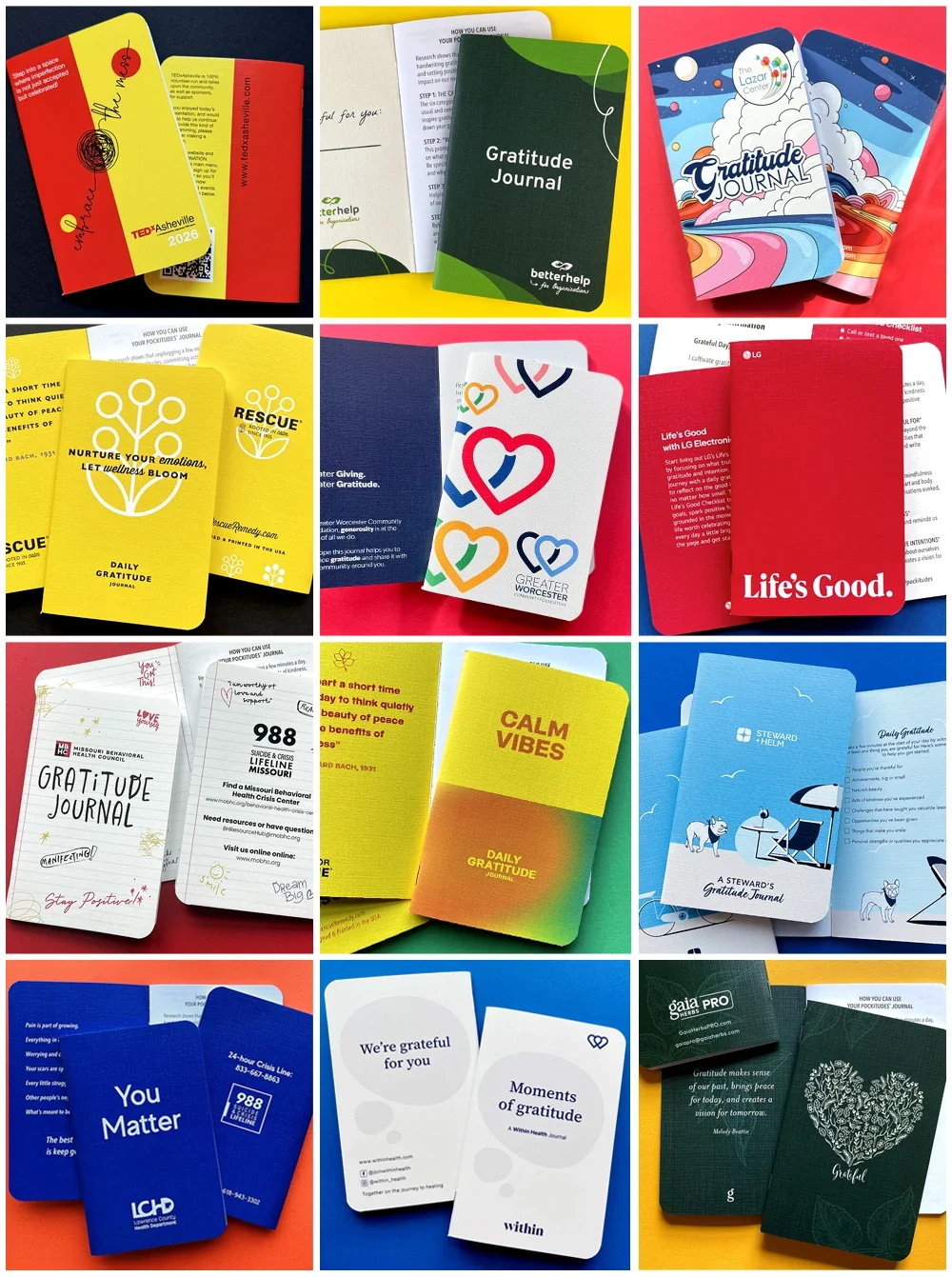 A collection of custom branded Pockitudes gratitude journals for clients including BetterHelp, TEDX, Chick-fil-A, and LG, showing various linen colors and custom cover designs.