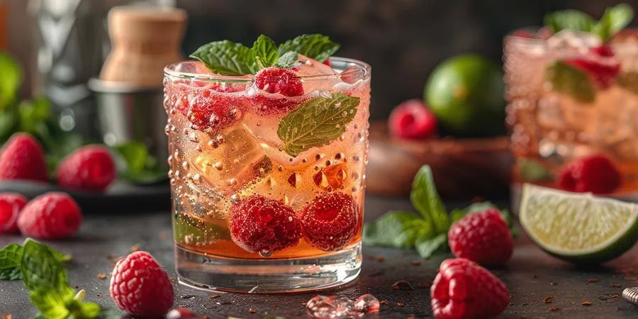 A picture of a mocktail with raspberries, mint, and limes