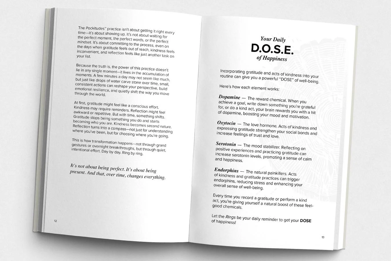 A page from the Rings of Gratitude journal explaining the science of how gratitude triggers dopamine, oxytocin, serotonin, and endorphins.
