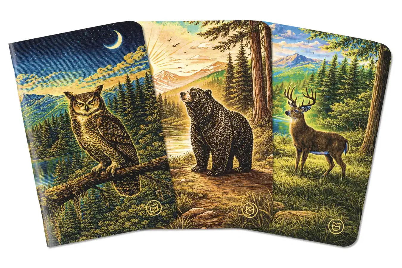 WISDOM pocket gratitude journal featuring a cover illustration of an owl, bear and deer resting under a starry night sky in a forest.
