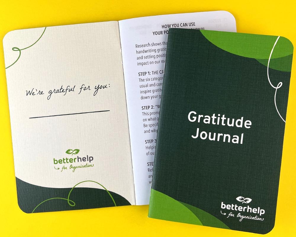 betterhelp, better help, custom mediation journals, custom gratitude journals, custom mindfulness journals, bulk mini gratitude journals, wholesale small notebooks, cheap little notebooks, employee wellness kits