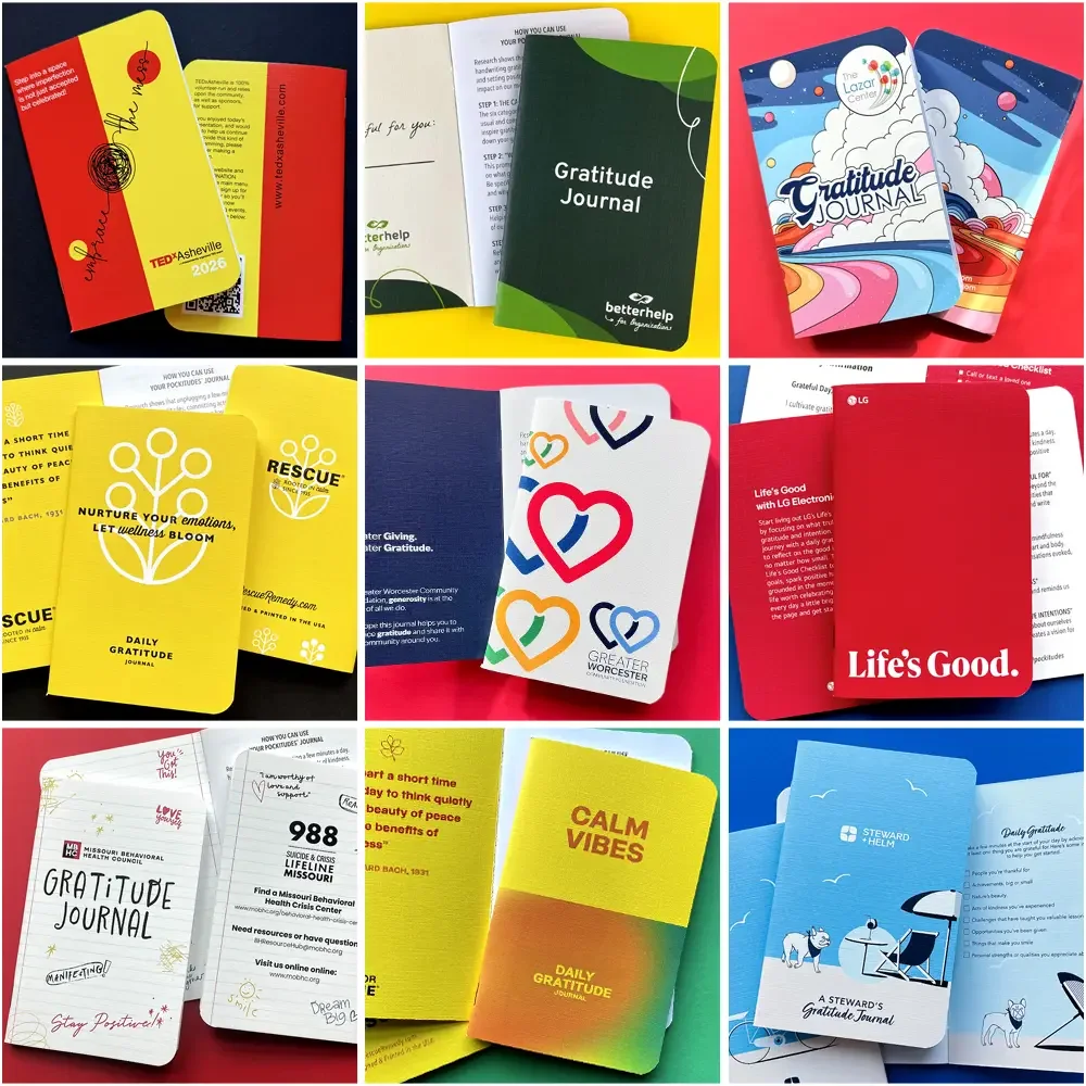 A collage of custom Pockitudes gratitude journals featuring various branded covers for Tech, HR, and University wellness programs.