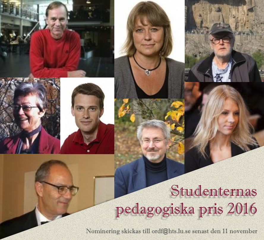 Pristagare genom åren. Från vänster till höger: Björn Larsson (Språk- och litteraturcentrum), Cajsa Sjöberg (Språk- och litteraturcentrum ) , Lars Ragvald (inst. f. östasiatiska språk), Gertrud Pettersson (inst. f. nordiska språk), David Håkansson (Språk- och litteraturcentrum ), Johan Stenström (Språk- och litteraturcentrum), Martina Ljungqvist (Språk- och litteraturcentrum ) och Henry Diab (inst. f. Mellanösterns språk).