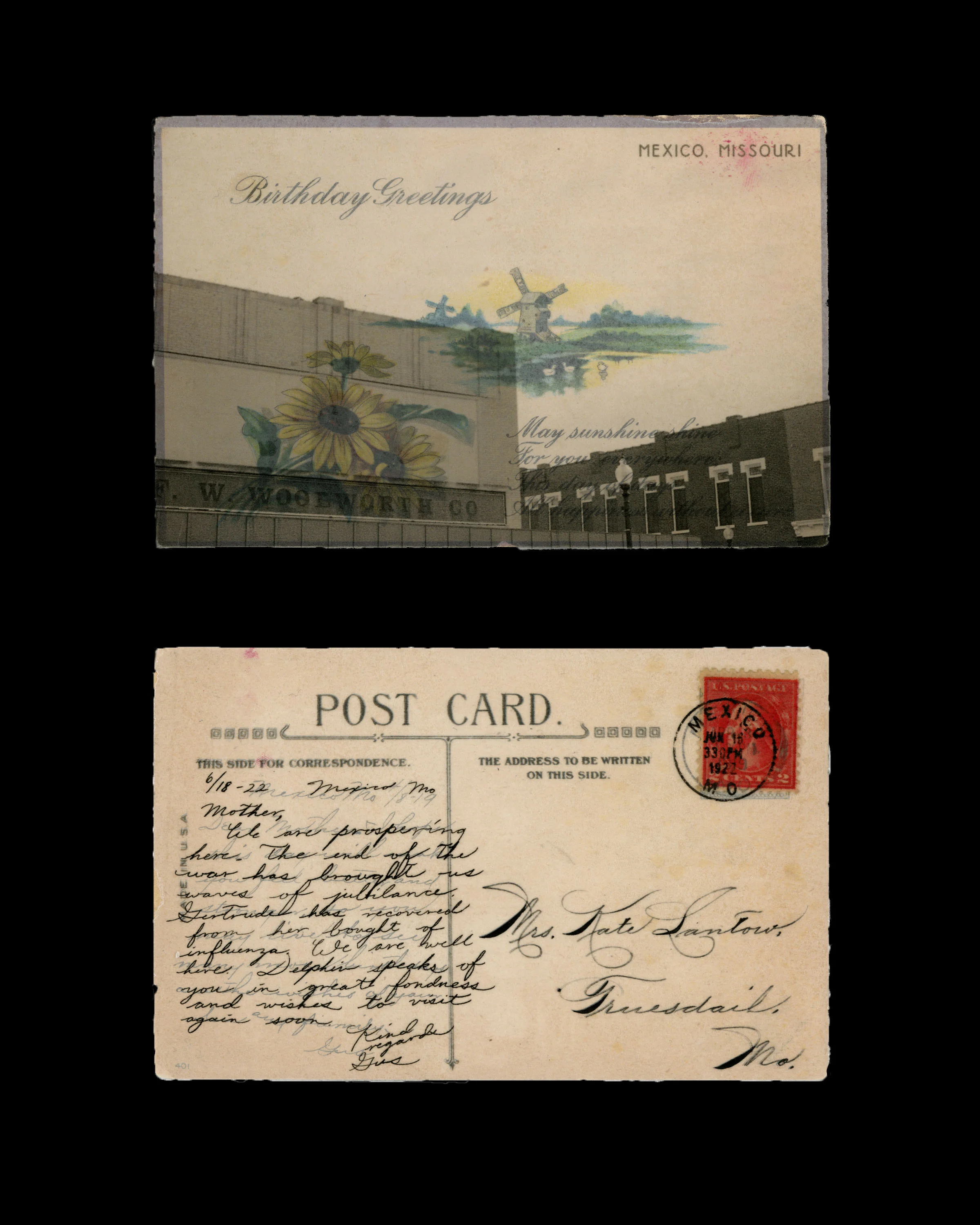 2 6/18-22 Mexico Mo. Mother, We are prospering here. The end of the war has brought us waves of jubilance. Gertrude has recovered from her bought of influenza. We are well here. Delphin speaks of you in great fondness, and wishes to visit again soon. Kind regards, Gus