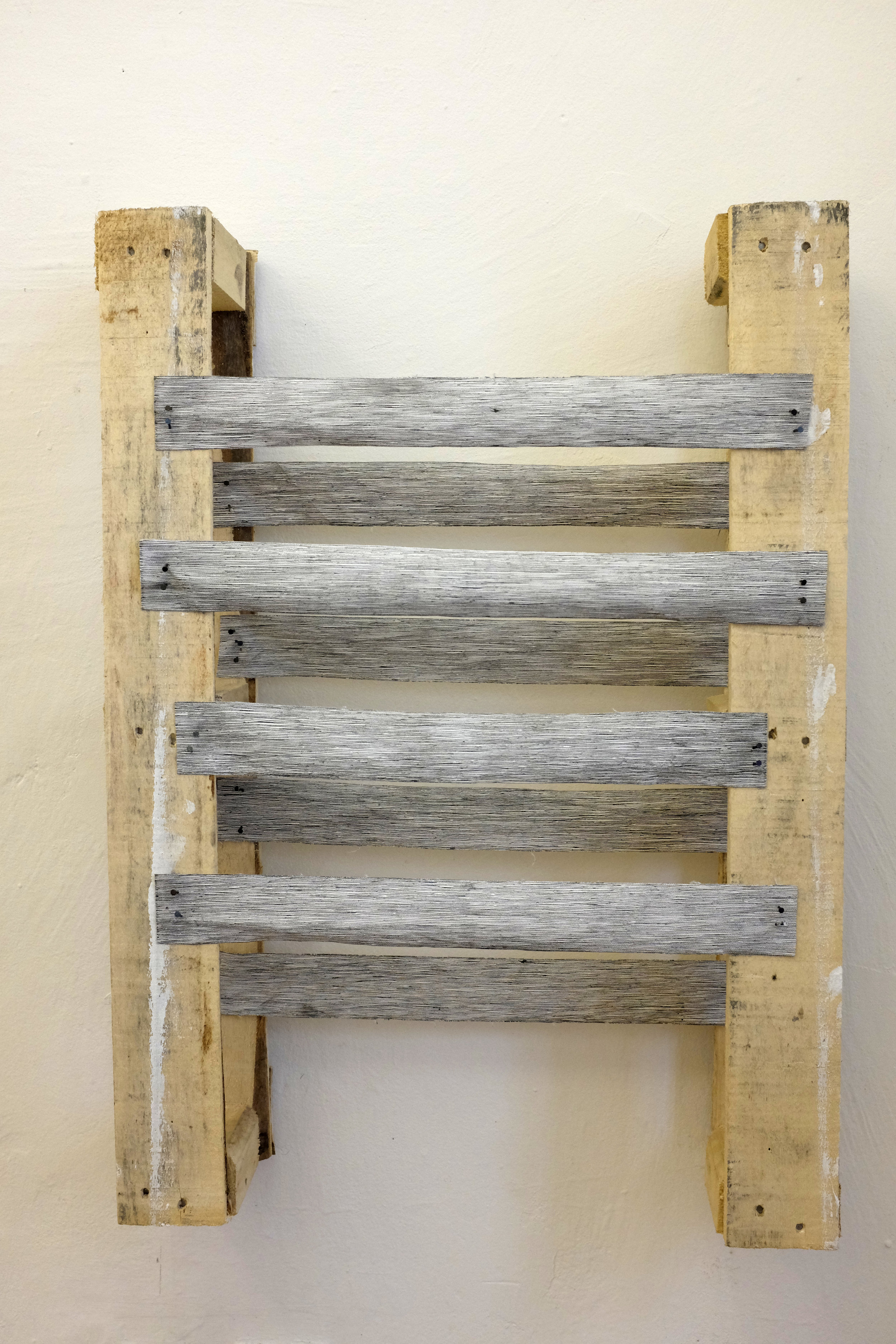   A decrepit ladder or a decrepit’s ladder,  2018. Ink on canvas, nails, screws and wood. Exhibited at Horánkszy 27 pop-up gallery in Budapest. 