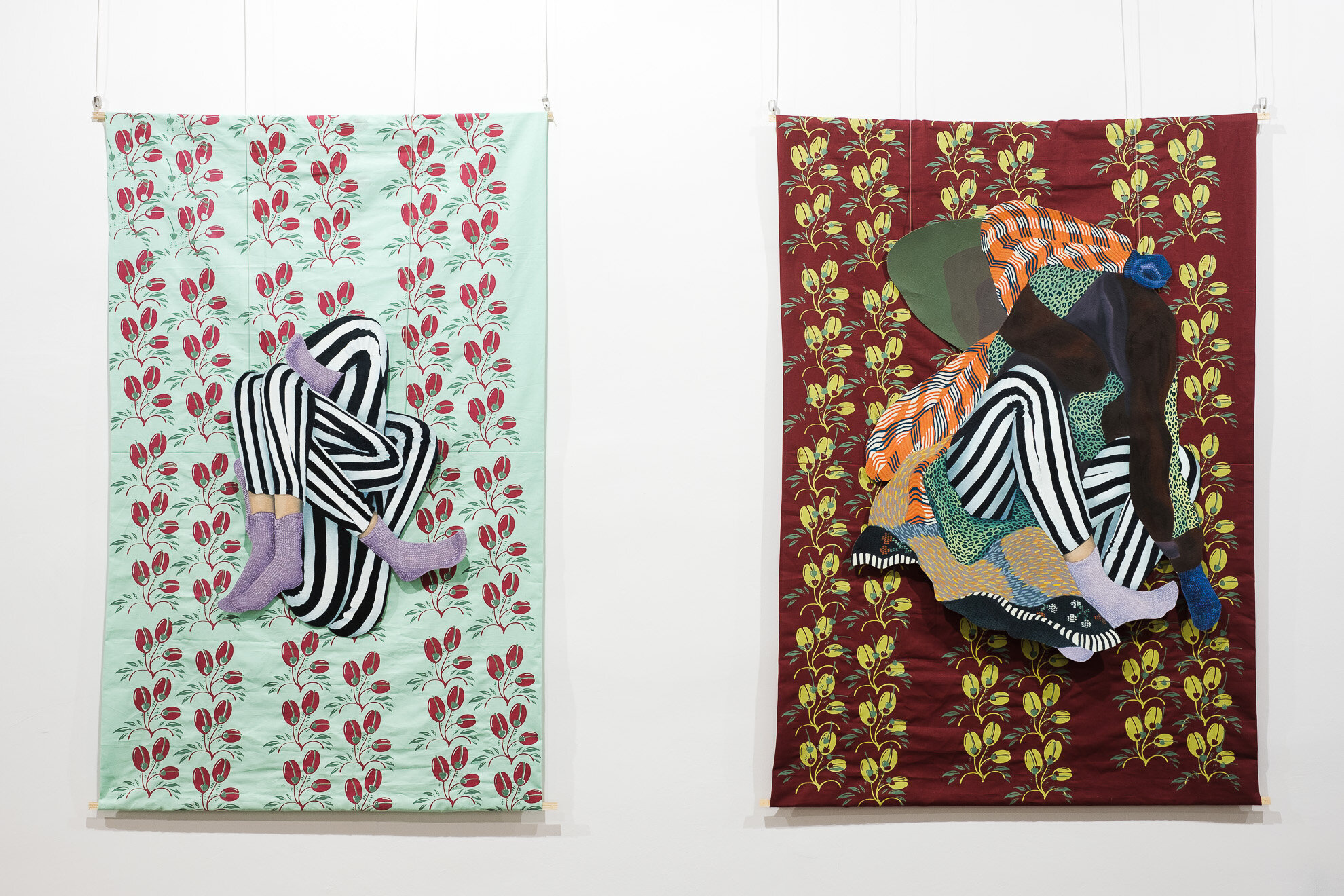  (L)  Eva , 2019, oil on canvas and screenprinting on cotton, 100 x 140 cm  (R)  Legs , 2019, oil on canvas and screenprinting on cotton, 100 x 140 cm 