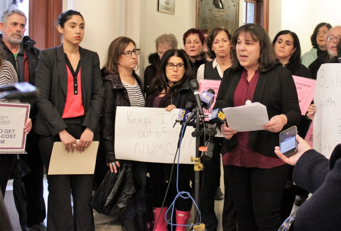 Nassau County NYCLU Director Susan Gottehrer addresses the press on January 24, 2019, at the Nassau County Legislature.