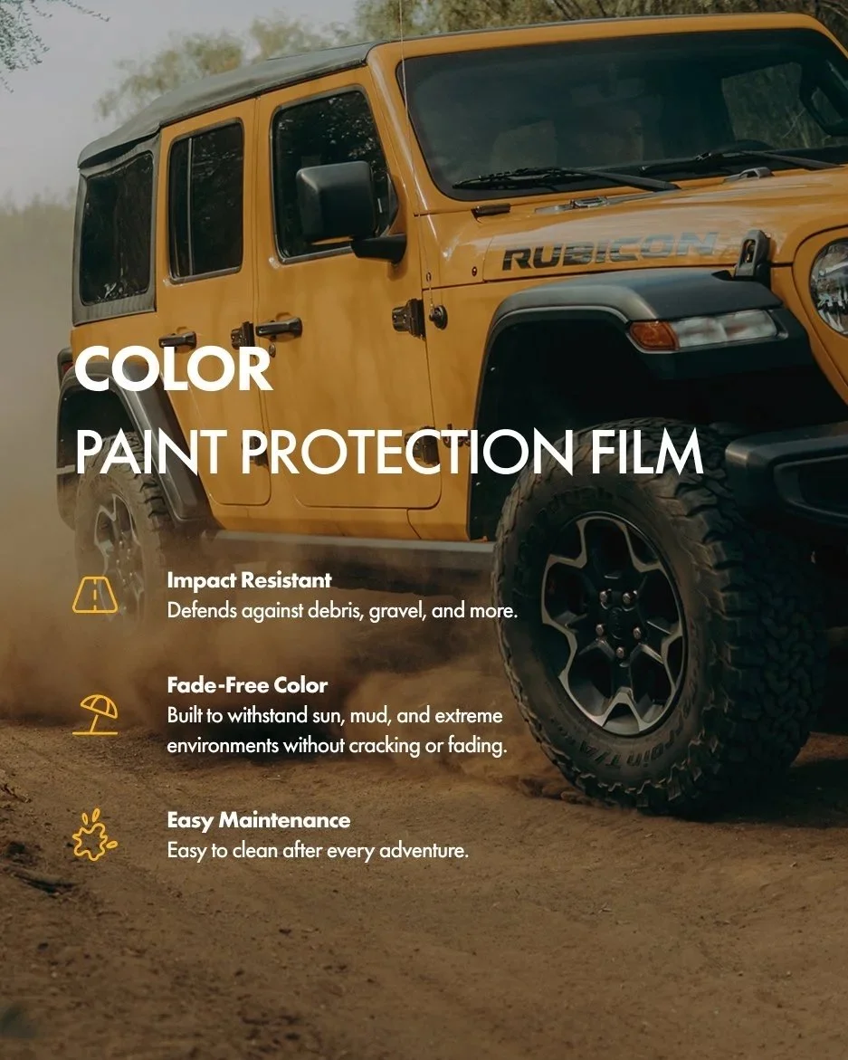 A yellow off-road vehicle on dirt with text overlay promoting color paint protection film, highlighting impact resistance, fade-free color, and easy maintenance.